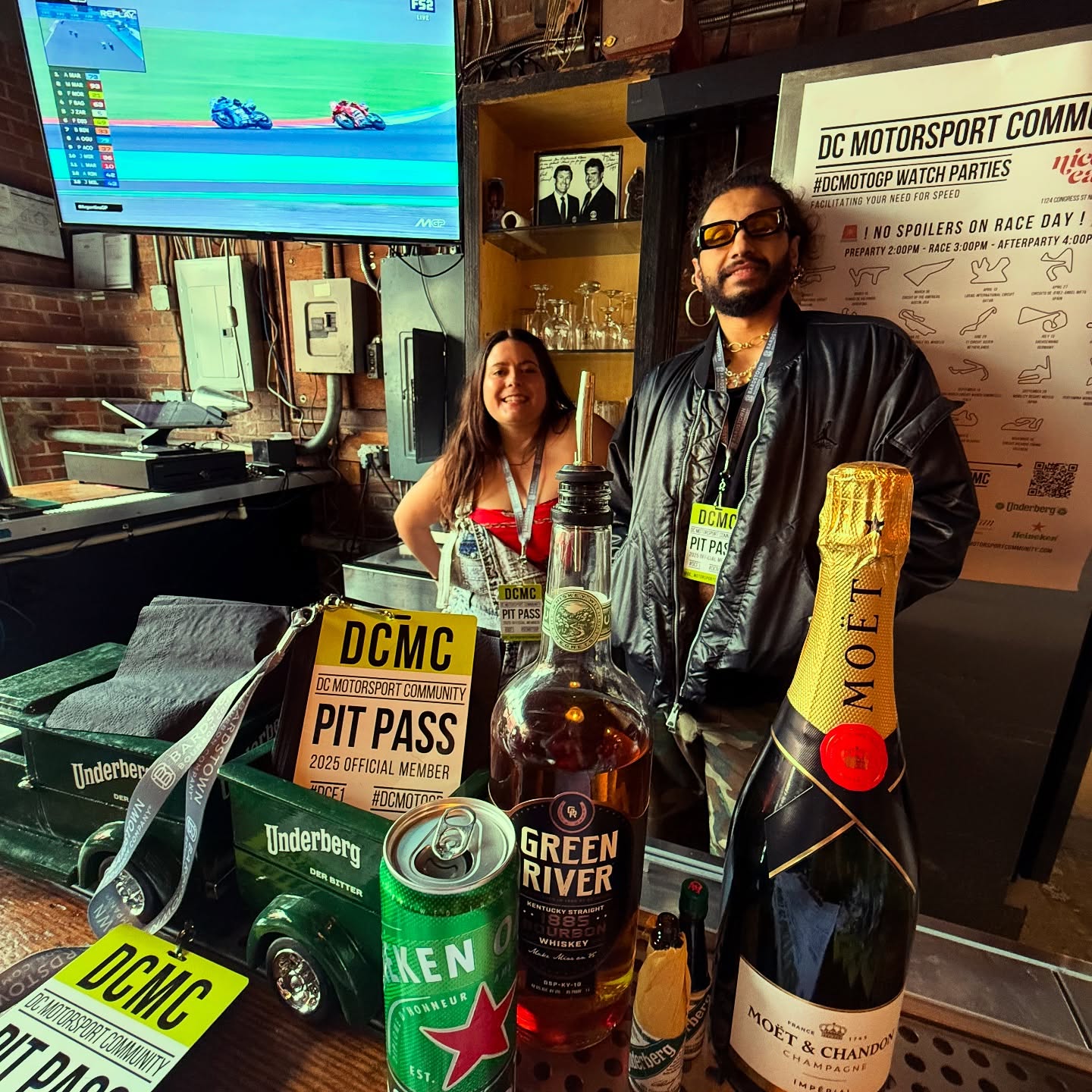 Two wheels, two legends behind the bar. 🥂 The best bartenders in the game, serving up fast drinks and enjoying the ride. #DCMotoGP #MotoGP #BestBartenders #MotoVibes