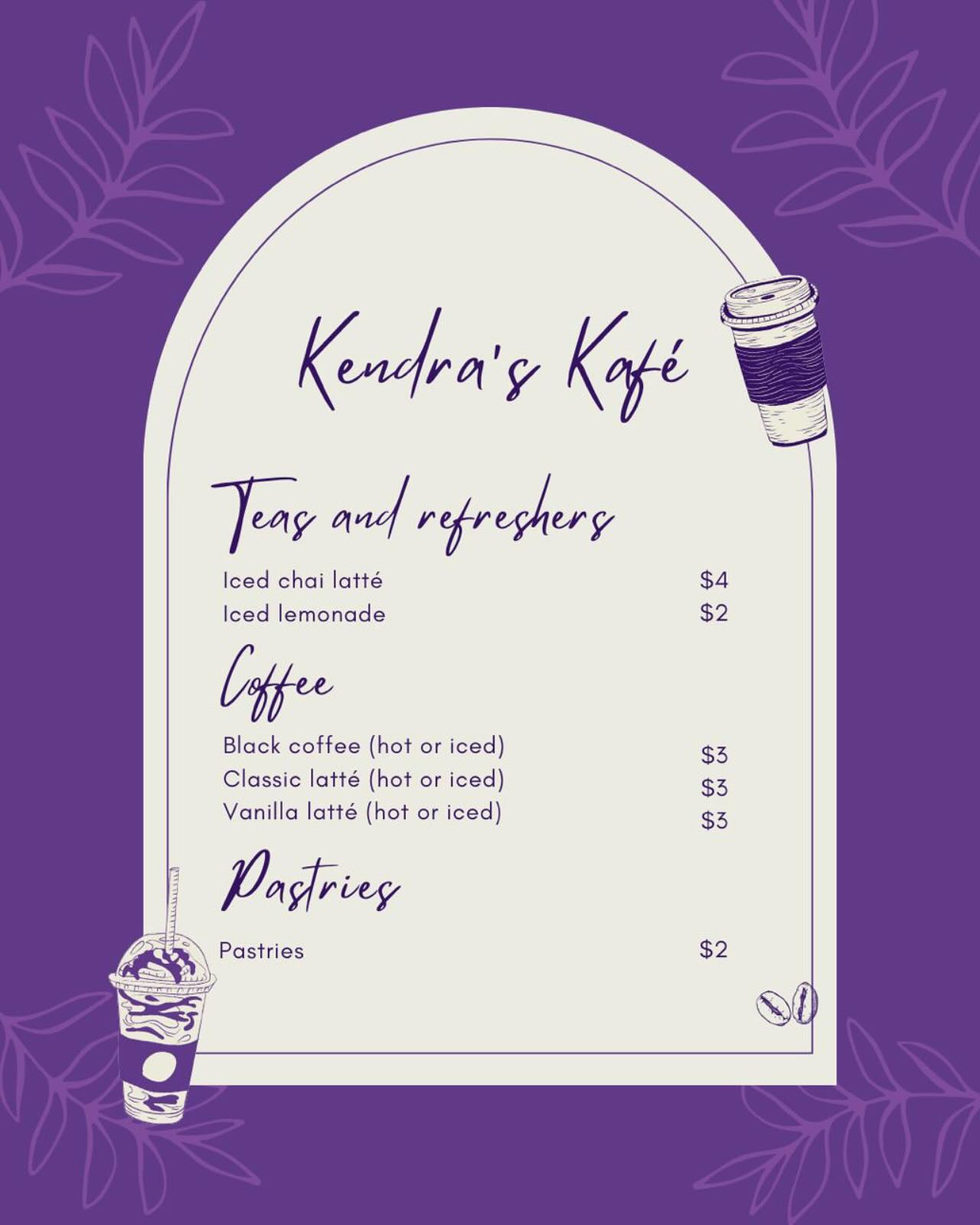 Kendra’s Kafé is back! We will be selling during Flex Time (11:35-12:15) today in the student lounge. Come check out the drinks, refreshments, and our new pastries!
