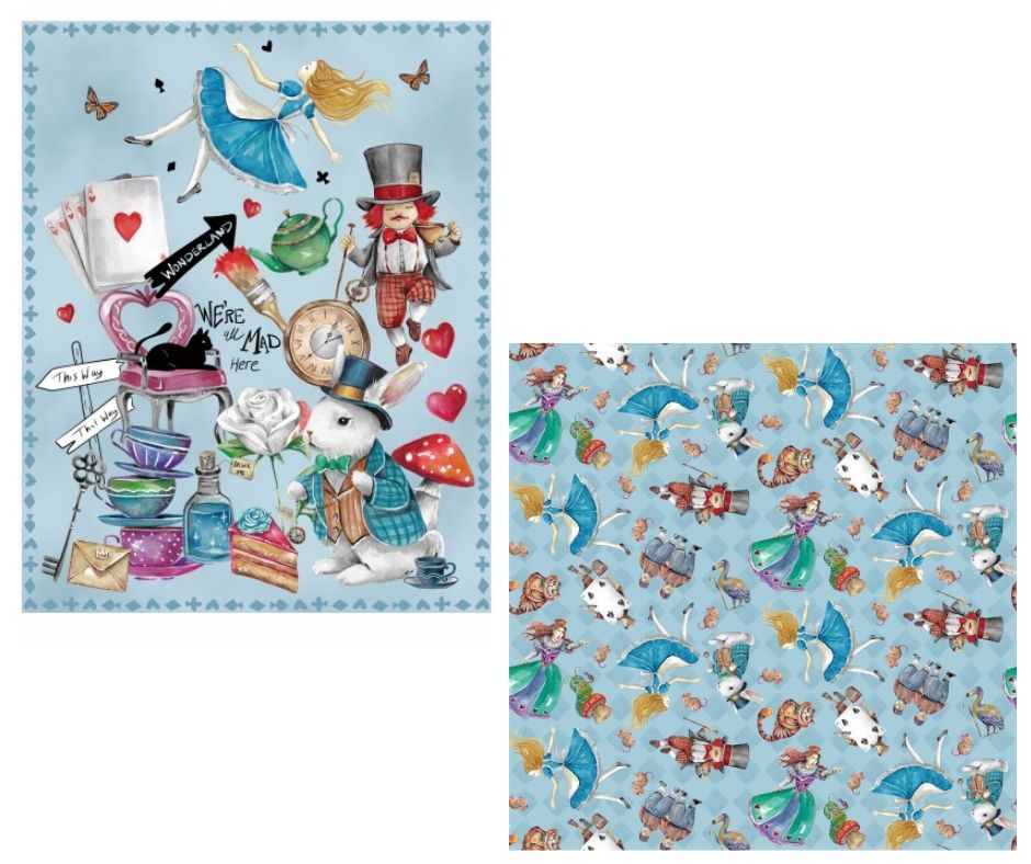 NEW FABRIC!!!!!
Alice in Wonderland Panel .90cm x WOF and coordinate