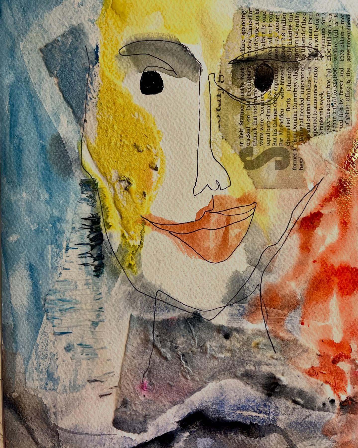 Finally able to be back in the e studio… warming up with some blind self portraits . Good fun… think I look a happy bunny #watercolour #blindselfportait #insideoutworking #intuitivemarkmaking #happybunny