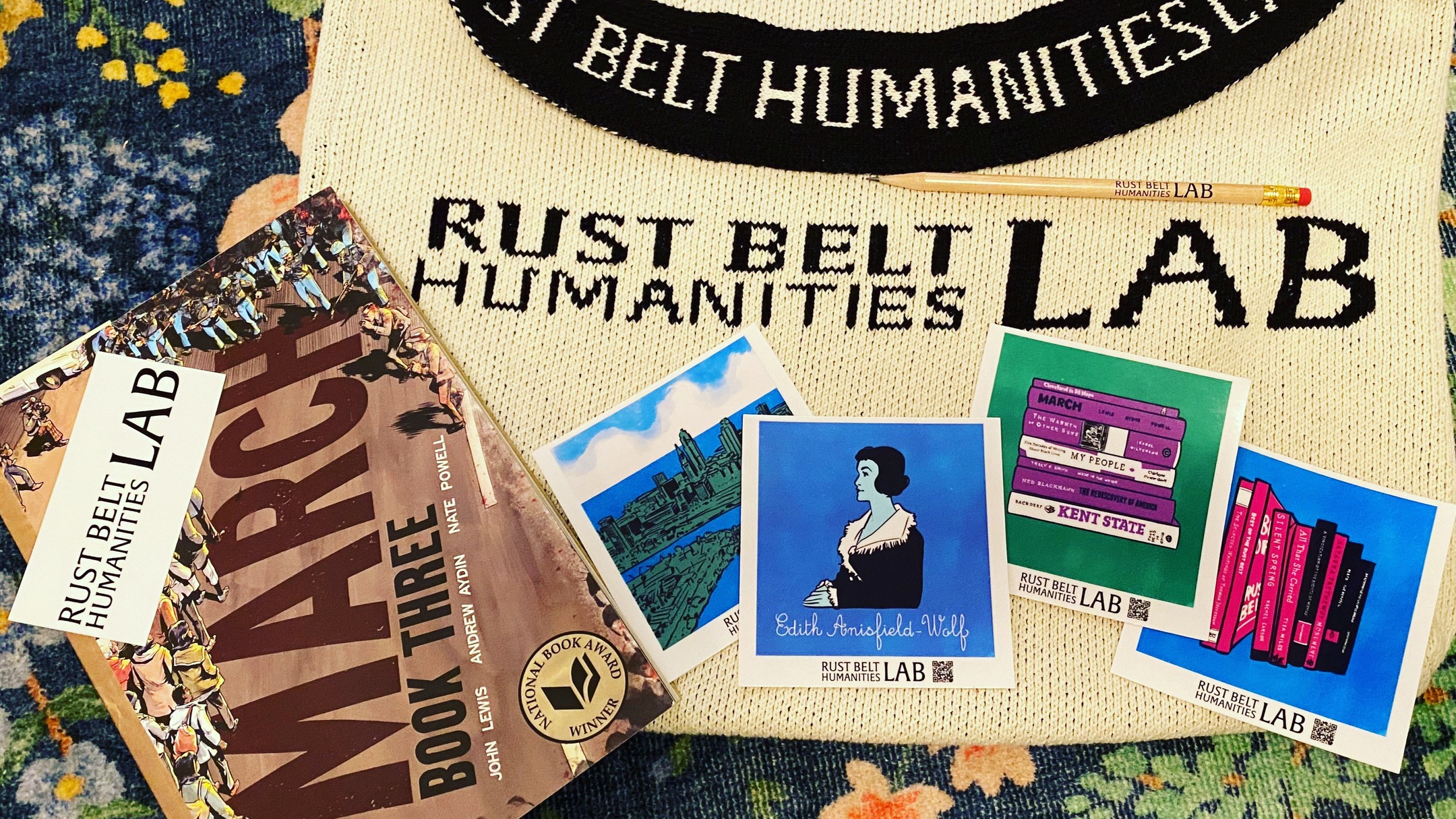 Getting our swag ready for our April Rust Belt Symposium @ursulinecollege! Our bags are from @foundsurface, "Manufacturing eco-friendly soft goods in Cleveland, Ohio." Our event is sold out, but you can learn more about our work at www.rustbeltlab.org.