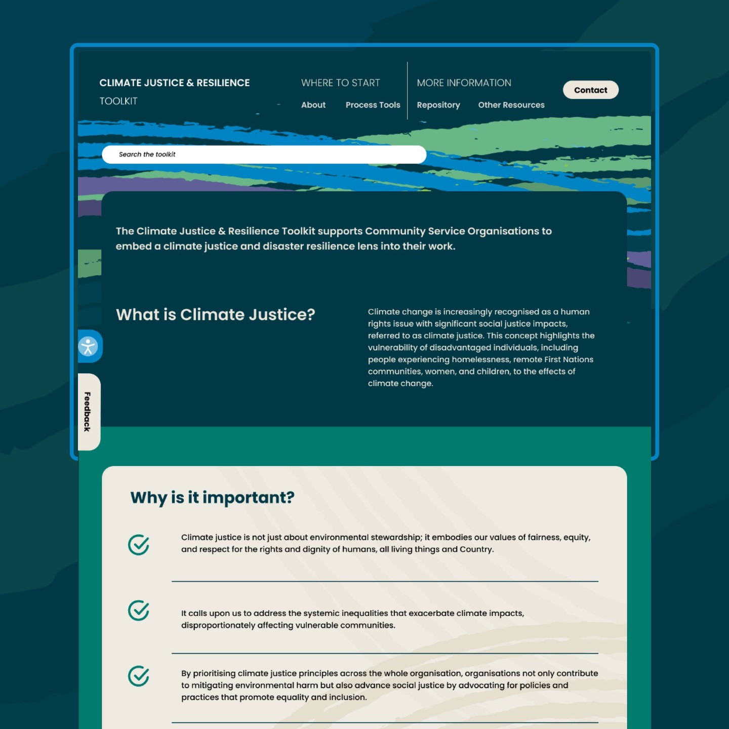 Just launched ✨️ ~ Climate Justice and Resilience Toolkit ~
We recently worked with Edith Cowan University's centre for people, place and planet, to transform their Climate Justice & Resilience Toolkit into an accessible, user-friendly website that helps service providers tackle climate justice & disaster resilience.
We worked closely with the project team and researchers, individuals with lived experience and community service organisations to ensure the website truly met the needs of the community.
Read more about the complex design process in our design stories or explore the toolkit yourself! ~ link in bio ~ 🔗✨
#JustLaunched ✨ #ClimateJustice #ResilientCommunities #AccessibleDesign #SustainableWeb #UXForGood #HumanCenteredDesign #digitalstartup #perthcreatives #perthgraphicdesign #perthcreativeagency #perthbranding #perthwebdesign #climatejustice #InclusiveDesign #DigitalForGood #ecodesign