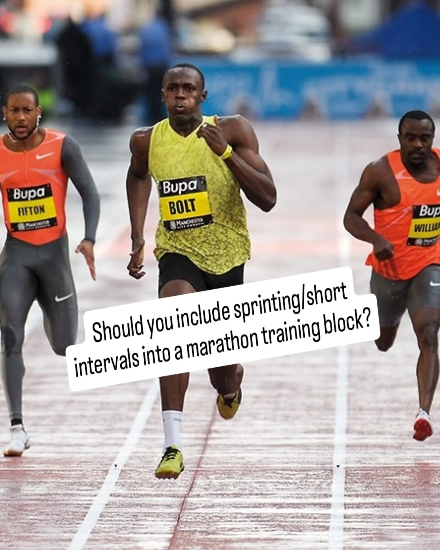 Should you include sprinting/short intervals into your marathon training?
Yup, it's a pretty good idea and here's why...
While there are significant differences in between sprinting and long distance endurance running, there is also a substantial amount of transfer between the 2 and this could help make you more efficient at running.
Unlike sprinting, endurance running isn't as ridged in its technique but if you look at the majority (there's always a few which break the mould) of world class athletes you can see the similarities between them.
Images 2 and 3 show two of the greatest to ever grace athletics, Bolt and Kipchoge, with their events almost as far apart as you can get.
Although the sprint mechanics are more exaggerated, both athletes have notable similarities. Here are some examples, higher knee lift on the flexed leg, heel of the flexing leg coming up to the glutes (more clear in Bolt's picture), the triple extension of the standing leg (hip, knee and ankle), dorsiflexion (toes to shins) of the ankle on the flexed leg to increase energy return, shoulders away from their ears (ie relaxed). Other things which aren't so easy to pick up from the 2 images included foot landing position, tendon/muscle potential energy return, arm swing, level hips and tall, relaxed posture.
Sprinting and endurance also tend to use different energy systems within the body. Training both could be the difference between a podium place or a PB on that sprint finish! (Who doesn't love a sprint finish! Even if you look like a bag of spanners! Image 4).
This doesn't necessarily mean you need to do a session of 10x100m or 200m every single week. It could be as simple as incorporating strides at the end of your runs (6x30secs) or drills such as A skips or B skips at the start as part of the warm up, particularly if this is new to you. Just make sure you're practicing the right technique!! Practice makes permanent.
A couple of good sessions I've included into plans are 4s and 2s (mix of 400m and 200m reps), Pyramids and easy runs with strides or hill sprints at the end.