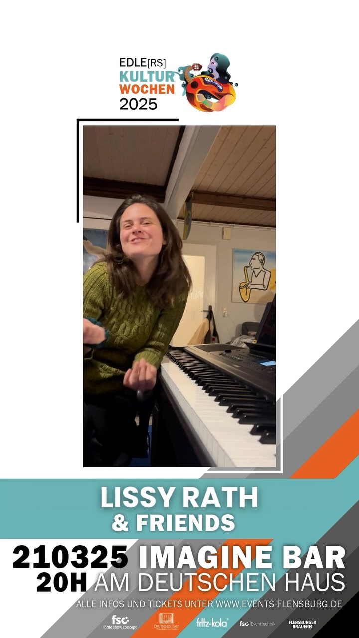 🎼 SAVE THE DATE 🎼
⏰ 21.03.2025: THEO KLATTENHOFF & FRIENDS in der @imaginebarfl am @deutscheshausflensburg 🎉
Mit dabei: Lissy Rath aus Flensburg (@lissys_music) 😍
Lissy Rath ist eine aufstrebende Singer-Songwriterin aus dem Norden. Schon seit ihrem 14. Lebensjahr schreibt Lissy ihre eigenen Lieder. Bereits mit 15 nahm sie ihre erste Single „Speechless“ im Tonstudio ihres damaligen Gitarrenlehrers auf.
Lissy schreibt Lieder sowohl auf Englisch, als auch auf Deutsch und begleitet sich dabei auf dem Klavier. Ihre Texte handeln von den kleinen bis großen Gefühlen des Lebens, von Klimawandel und Overheadprojektoren und von der Sprachlosigkeit.
Mit ihrer ruhigen, stimmungsvollen Art, lädt Lissy ihr Publikum zum Träumen, Nachdenken und zum Mitfühlen ein.
SEID DABEI 🤩
TICKETS GIBT ES BEI EVENTIM UND BEI ALLEN BEKANNTEN VORVERKAUFSSTELLEN.
@sinnprovinzen @unddasleben @theo.klattenhoff @anja_singersongwriterin @lasse.pts @lissys_music @jonson.music @jan.eichwald @fatma.hafnaoui
#lissyrath #deutscheshaus #flensburg #singersongwriter #musikausdemnorden