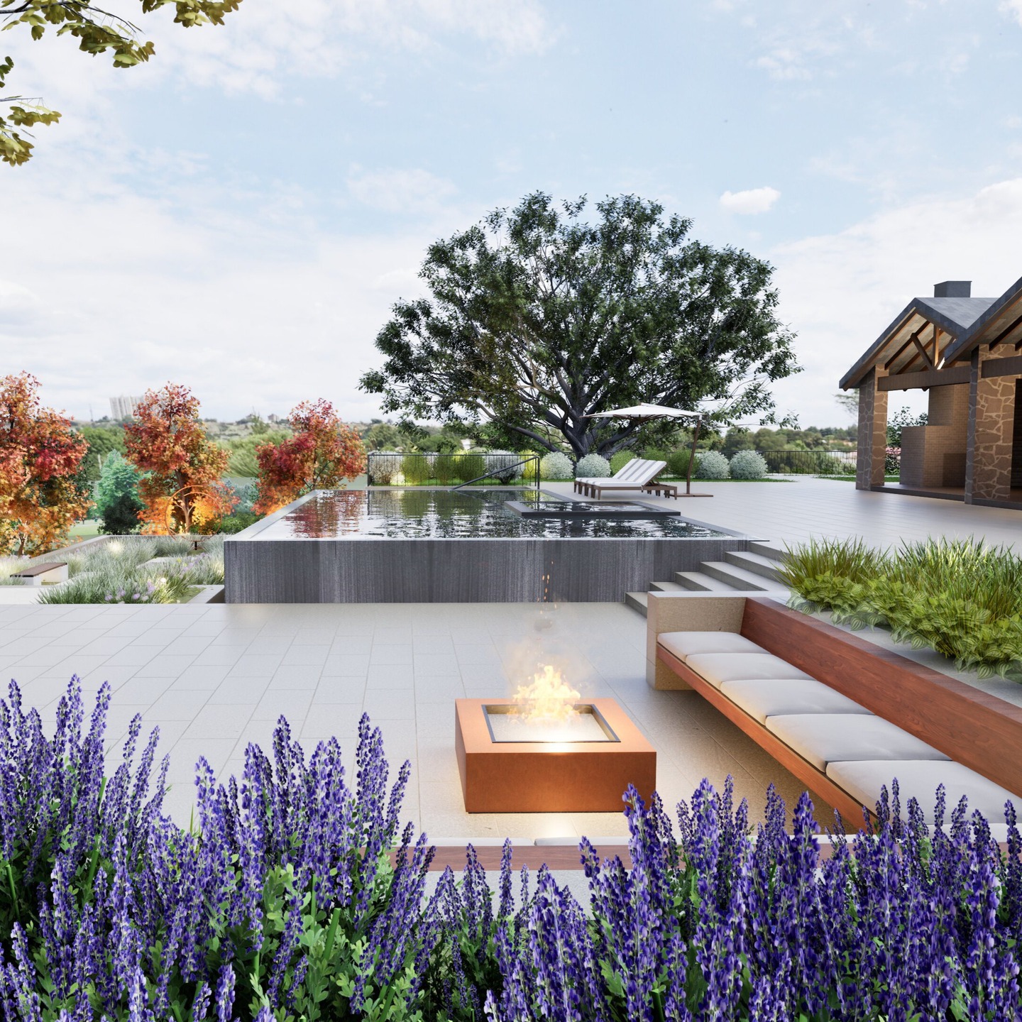 This 5 acre agricultural estate property features a terraced garden and fire pit area that wrap around a zero edge infinity pool, creating multiple vantage points to view the landscape beyond. The elevated lawn area provides a festive space for both entertaining and family fun. The careful placement of lights add both warmth and drama at night....