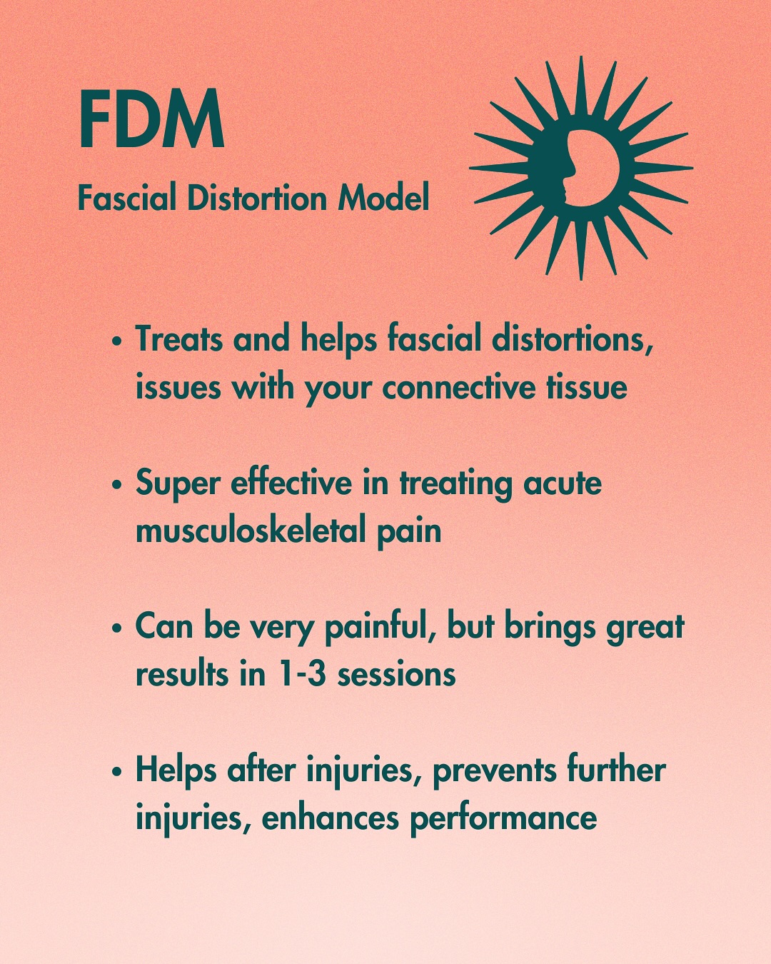 Fascial Distortion Model is super effective in treating acute musculoskeletal and myofascial pain and most of the time it brings results quickly with chronic pain, too.
What is fascia? What is Fascial Distortion Model? When is this the good treatment for you? This post answers all those questions. Most injuries, problems and pain have some fascial component so in most cases this treatment will help you. This is NOT a relaxing treatment and is based on a constant communication between you and me, the therapist.
If you have any questions, DM or WhatsApp me, happy to help! :)