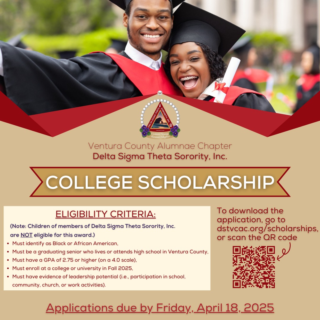 Share, share, share!
The Ventura County Alumnae Chapter of Delta Sigma Theta Sorority, Inc. is proud to announce our 2025 Scholarship for eligible high school seniors within the Ventura County area. The deadline to apply is April 18, 2025.
Link to apply is also available in our bio!
#VCACDST #venturacounty #collegescholarship #scholarship