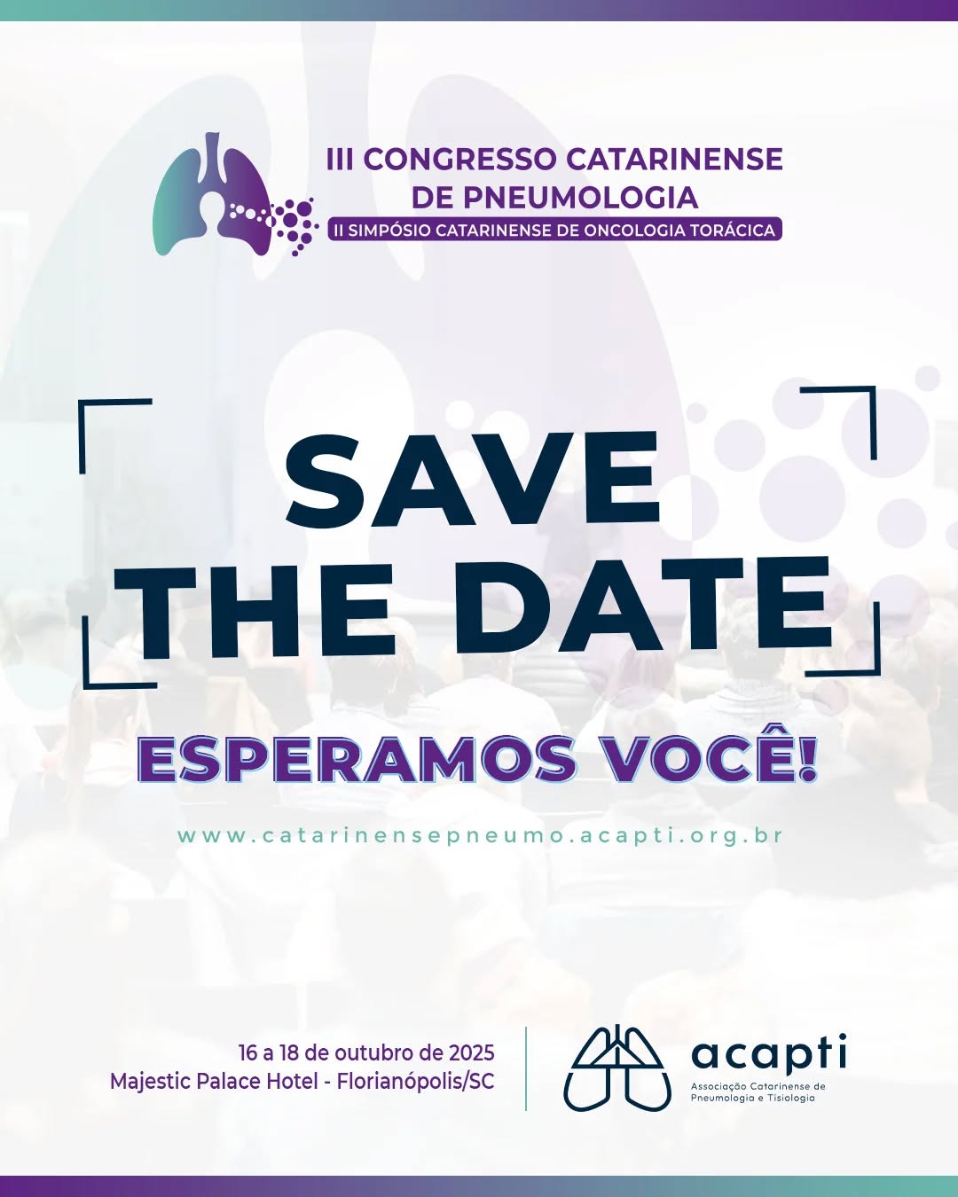 De 16 a 18 de outubro, teremos a 3ª edição do Congresso Catarinense de Pneumologia!
Não fique de fora deste evento que reúne grandes nomes da Pneumologia, estamos preparando excelentes aulas, trazendo o melhor em atualização médica!
SAVE THE DATE!
ESPERAMOS VOCÊ!