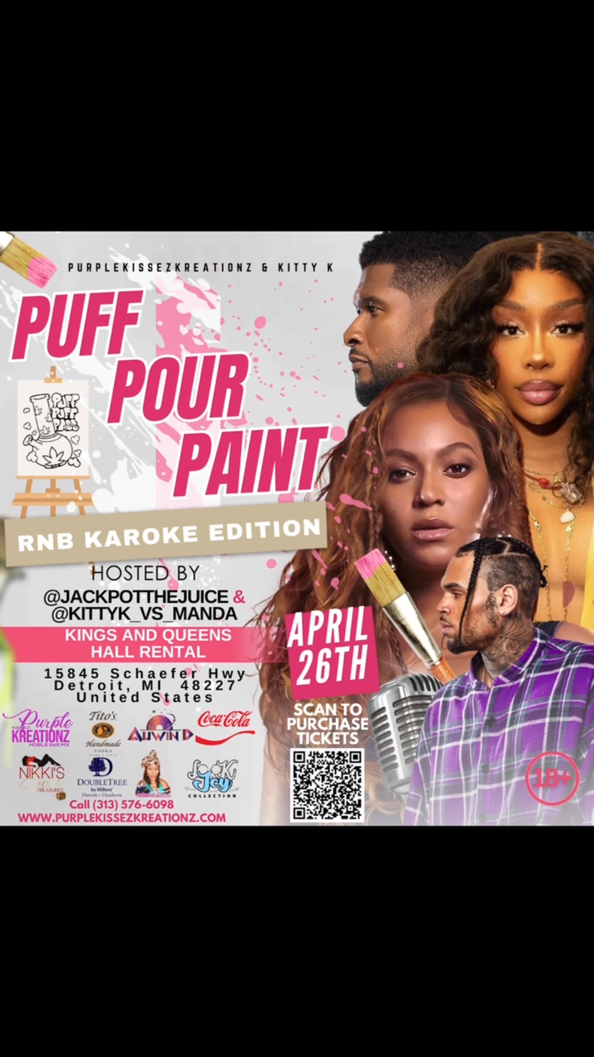 Our last Puff, Pour, Paint was a tribute to Nipsey Hussle 🕊️💙 And if you missed that one, you don’t want to miss the next one!
🎉🎨💨 Let’s Party and have a night of creativity during our Puff, Pour, Paint Party
📆April 26th 2025
📍Detroit, MI
Hosted By: @jackpotthejuice
@kittyk_vs_manda
Bring your friends, unwind with some smoke, and enjoy a laid-back atmosphere while creating your own masterpiece. This event is perfect for those looking to relax, be inspired, and have a great time. Don’t miss out on this unique artistic experience!
💨 BYOW: Smoke with the freedom to bring your favorite strain.
🎟️ RSVP now to secure your spot—this one’s going to be lit!
🎨All paint supplies included
💨No painting experience necessary!
Sponsored by @titosvodka @auwind_ @cocacola @doubletree
Come Support @jaylashey_ @ac_4detroit @nikkissecrettreaures
#Blackowned #Womanowned #PaintNSip #PaintandSip #FunThingsToDo #DIY #Paint #Art #Canvas #Acrylic #PaintStudio #BYOW #girlsnight #paintingwithatwist #detroitmichigan #bestienights #weekendactivities #local #ladiesnight #artparty #party #puffandpaint