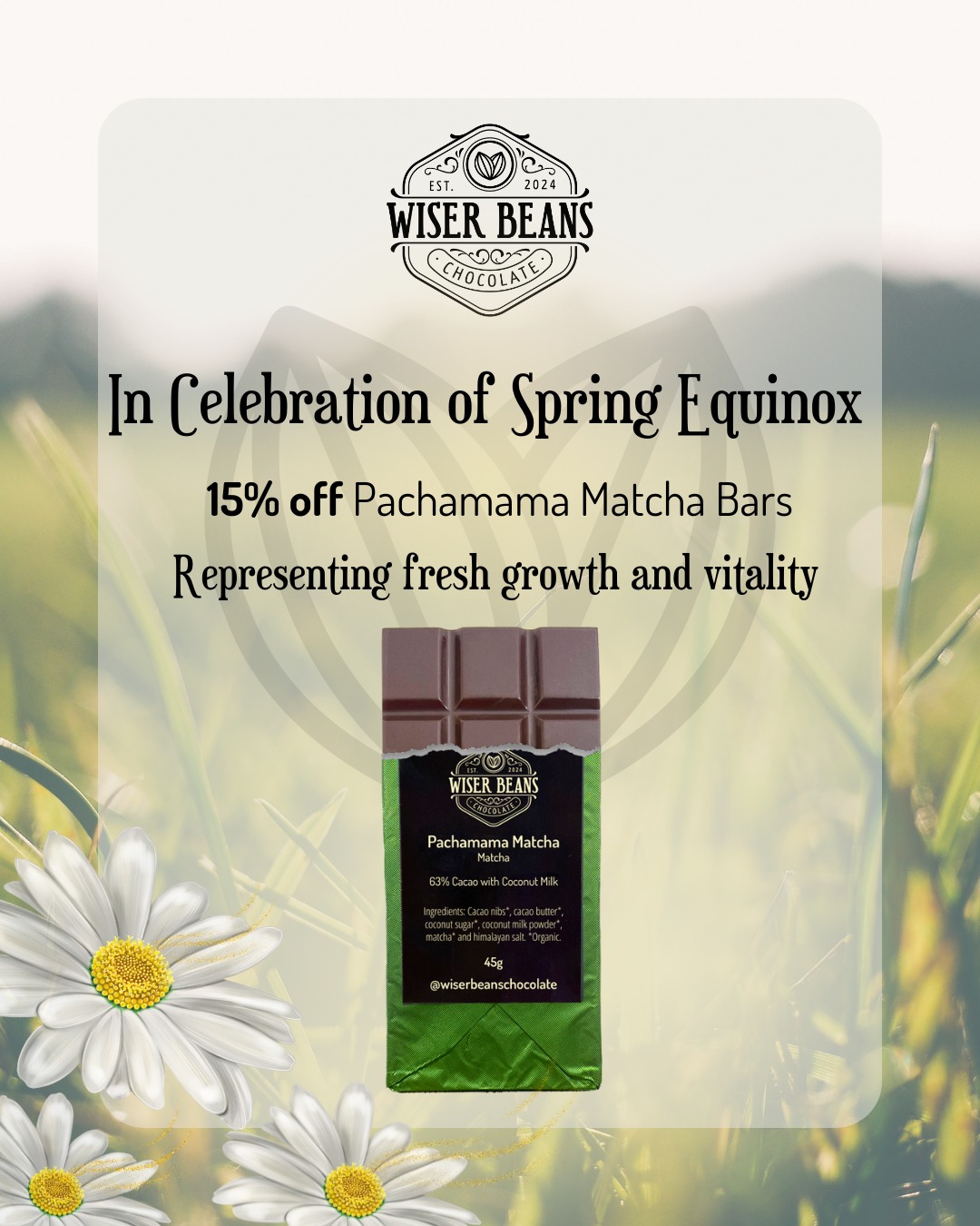 Spring renewal is here 🌱
Celebrate with 15% off when you use the code Equinox15 on our Pachamama Matcha Bars!
Matcha symbolizes vitality and renewal- just like the Spring Equinox. Enjoy a chocolate bar that nourishes your body and soul.
Tap the link in our bio to shop today!🍫
.
.
.
#springequinox #matchachocolate #cacaolovers #foodasmedicine #plantmedicine #organicchocolate #bcmade #canadianmade #beantobar