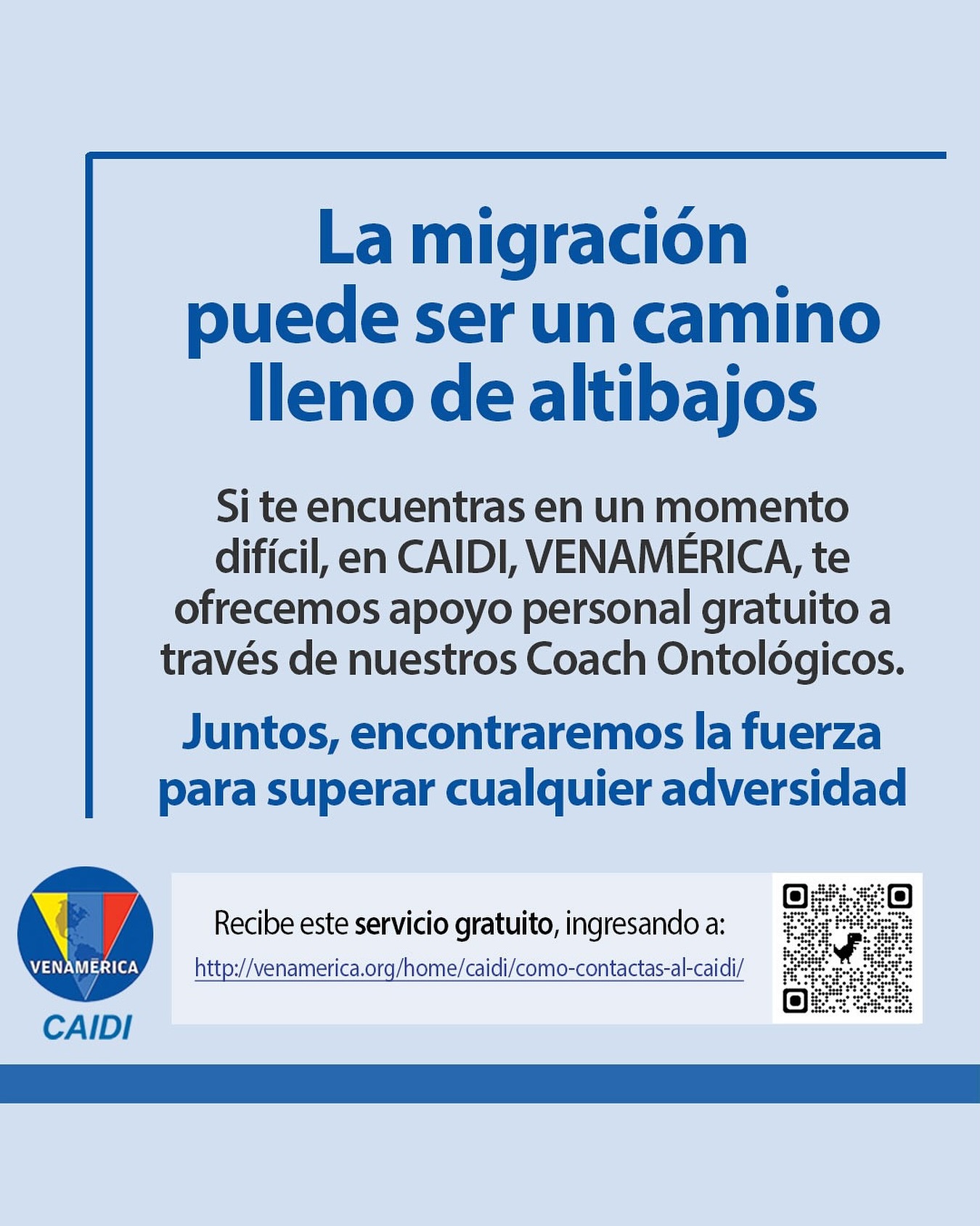🌍 Venamerica presenta: Caidi, apoyo a la diáspora venezolana 🤝
La migración venezolana es un proceso complejo que millones enfrentan con esperanza, pero también con grandes desafíos. Conscientes de esta realidad, Venamerica impulsa el Centro de Atención Integral a la Diáspora (Caidi), una iniciativa diseñada para acompañar a los migrantes en su integración social, emocional y económica.
A través de espacios conversacionales y programas de capacitación, Caidi brinda herramientas que permiten a los migrantes fortalecer su confianza, superar miedos y adaptarse de manera efectiva a sus comunidades de acogida.
💡 Objetivo de Caidi:
✔ Brindar apoyo a quienes migran sin recursos ni redes de apoyo.
✔ Ofrecer orientación para facilitar su integración.
✔ Fomentar el respeto y la confianza en sí mismos y en la sociedad que los recibe.
✔ Resaltar los valores y la identidad venezolana en el mundo.
📢 Venamerica invita a quienes deseen conocer más sobre esta iniciativa a solicitar información a través de:
www.venamerica.org/home/caidi/
#Venamerica #Caidi #ApoyoAlMigrante #MigraciónVenezolana #IntegraciónSocial