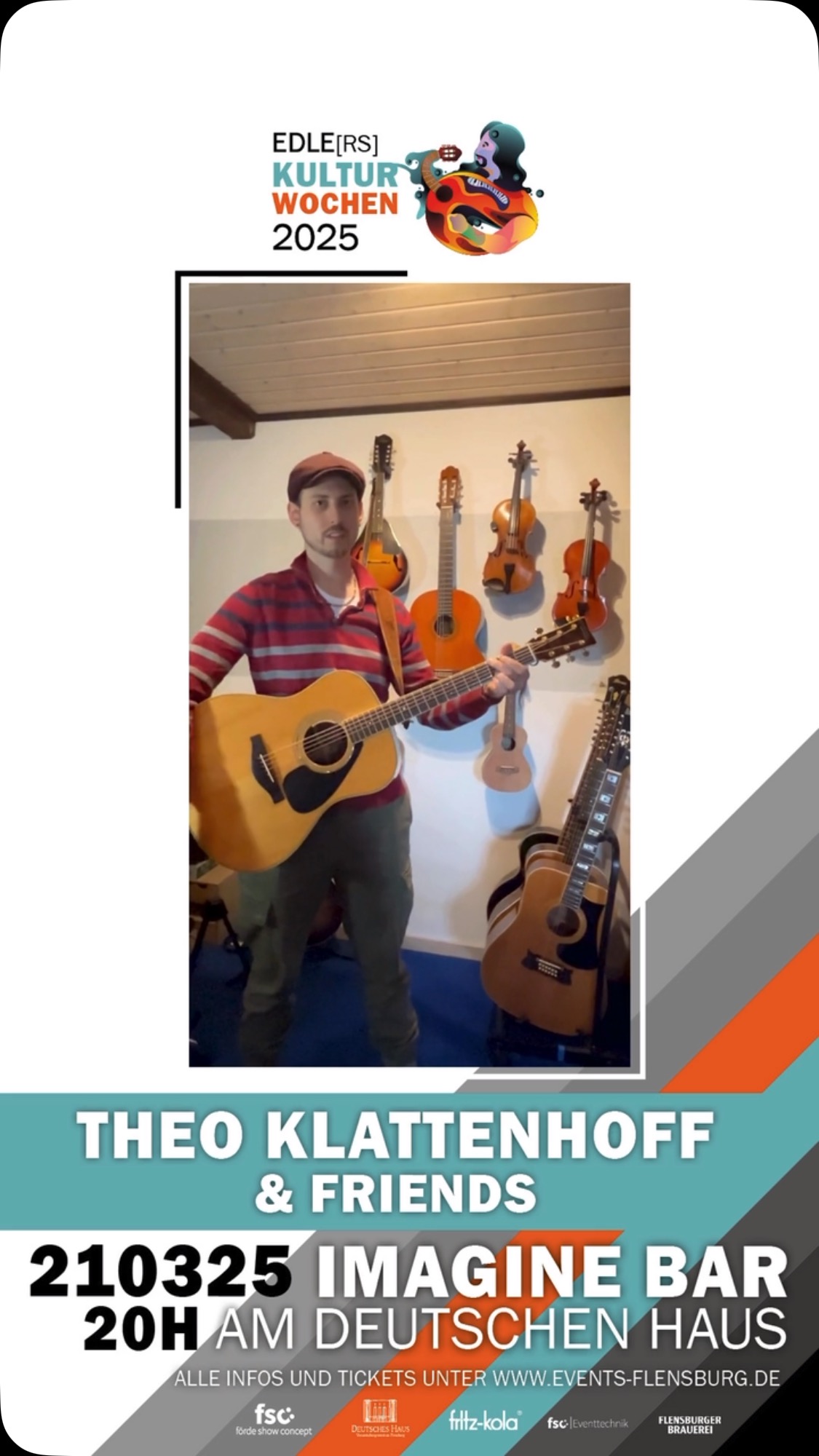 🎼 SAVE THE DATE 🎼
⏰ 21.03.2025: THEO KLATTENHOFF & FRIENDS in der @imaginebarfl am @deutscheshausflensburg 🎉
Mit dabei: Theo Klattenhoff aus Flensburg (@theo.klattenhoff) 😍
Theo Klattenhoff ist ein 28 jähriger Singer-Songwriter aus Flensburg, der Einflüsse der deutschen Liedermacher-Kultur mit Country, Pop und Folk-Musik verbindet. Seit über 22 Jahren inspiriert von Größen wie Reinhardt Mey, Passenger, Keith Urban und Ed Sheeran, schreibt er von der gefühlvollen Ballade bis zum rockigen Acoustic-Ohrwurm. Sein Repertoire wird ständig durch neue Lieder erweitert, die aus seinen Abenteuern und Erlebnissen entstehen. So ist kein Konzert wie das Andere - und Theo versteht sich ausgezeichnet darauf, Geschichten und Emotionen in seinen Liedern zu erzählen. Damit nimmt er seine Hörer liebevoll auf eine Reise in ihre eigene Gefühlswelt mit.
SEID DABEI 🤩
TICKETS GIBT ES BEI EVENTIM UND BEI ALLEN BEKANNTEN VORVERKAUFSSTELLEN.
@sinnprovinzen @unddasleben @anja_singersongwriterin @lasse.pts @lissys_music @jonson.music @jan.eichwald @fatma.hafnaoui
#theoklattenhoff #deutscheshaus #flensburg #singersongwriter #musikausdemnorden