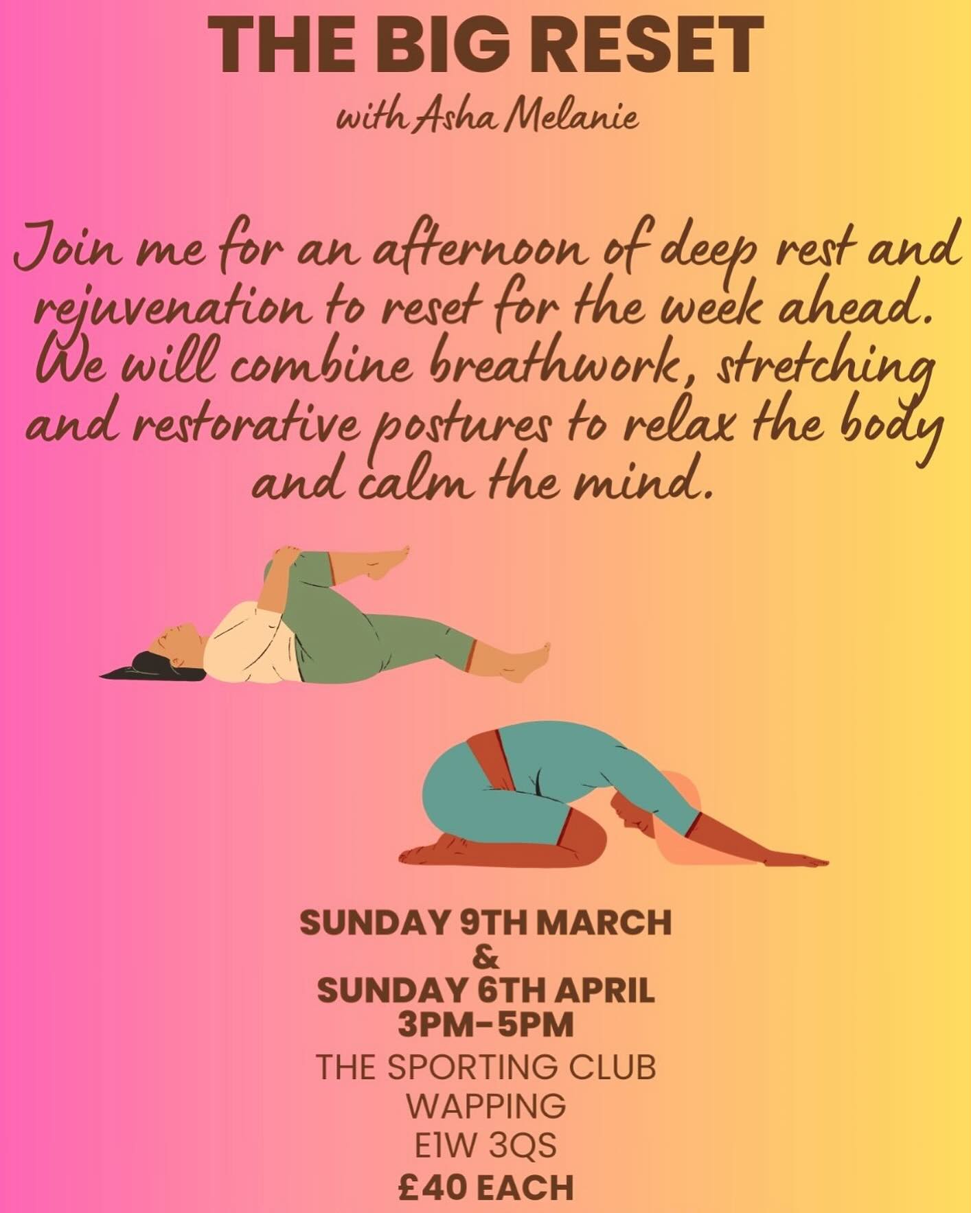 ✨NEXT BIG RESET✨
I had a lovely time teaching my Big Reset workshop in London at the weekend and have my next one coming up on Sun 6th April at The Sporting Club in Wapping. If life is busy and you’re in need of a pause, this is the workshop for you. We’ll take a much needed 2 hours of self care to breathe, mobilise and restore.
No experience needed as I teach in a way that allows you to explore your own movement ranges. Every body is unique and that is what makes us interesting.
Limited spaces. Click the link in my bio to book yours.