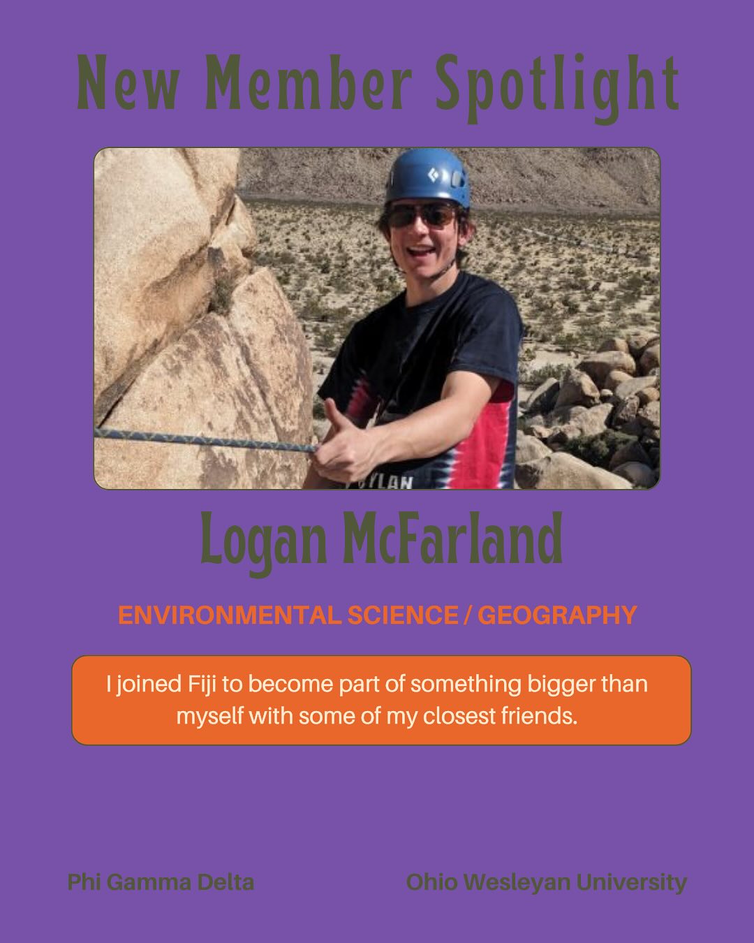 **New Member Spotlight** Logan is the definition of a brother. We welcome you to FIJI 🟪 Logan is an environmental science and geography major, who aspires to go to graduate school and get a job in environmental conservation. He is also a current sophomore, and can’t wait to see him be a leader of this chapter. P!