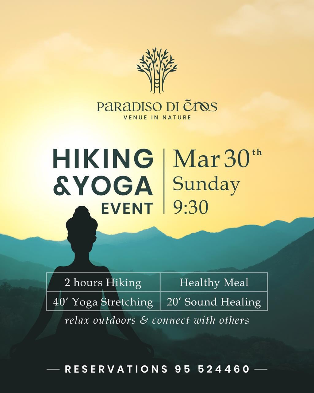 Two weeks away! Hiking, Yoga & Sound healing at Paradiso di Eros: A Rejuvenating Experience! 💚💚💚
Lovely hikers and nature lovers, if you missed out on the these hike events in the past, we are excited to invite you for another magical hike and yoga experience at @paradisodieros! 🌴✨
Join us on Sunday, March 30th, for a refreshing journey! We’ll meet at 09:30 AM at Paradiso Di Eros before setting off at 10.00 AM on a two-hour hike through the breathtaking green valleys of Foinikaria village, surrounded by stunning lake and mountain views! 🤩
After the hike, I’m thrilled to lead a 40-minute yoga stretch to relax and restore our bodies. To complete the experience, our free-spirited Georgia Mihail will guide us through a 20-minute sound healing, bringing deep relaxation and balance. ✨
To top it all off, a delicious, healthy meal will be delivered in order to nourish and refuel us. 👌
Feel free to spend the rest of the afternoon at Paradiso, unwinding, connecting, and enjoying the scenic views. 🥰
We can’t wait to share this experience with you! 💖
Please, pre book your tickets at with Fabio at 95 52 44 60.
Prices:
Adults (16+):
€25 hike, yoga & sound healing
€40 with lunch
Children (under 15):
€20 hike, yoga & sound healing
€30 with lunch