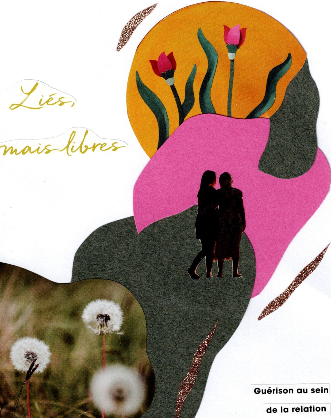 Me blottir dans ses bras.
Me laisser envelopper, rassurer, consoler.
Prendre de la hauteur et observer, que dis-je, m’émerveiller du maillage de ma vie, de ces relations, parfois imparfaites, mais surtout profondément humaines.
Mon cœur qui bat.
Mes bras qui s’ouvrent.
Ces bras qui rêvent d’être des ponts, des remparts contre la séparation, contre l’exclusion, contre l’abandon.
La petite fille en moi, devenue médiatrice, pacificatrice, quitte à taire ses propres chagrins.
Mais il est venu le moment d’accepter.
Accepter qu’un désaccord, une parole posée, ne signifie pas la fin de l’amour.
Qu’au cœur de cette toile, chacun cherche son chemin, sa vérité, et surtout… sa dose d’amour.
Prendre du recul et me rappeler que personne ne peut nous exclure de notre propre vie.
Mon cœur qui bat, qui me murmure que tout est ok, qu’il est si grand qu’il peut m’accueillir, moi, l’humaine tout entière.
Me blottir dans les bras de la Tisseuse.
L’admirer, illuminant la toile de ma vie, distillant sa médecine au cœur de toutes mes relations.
Ouvrir les yeux, regarder le ciel bleu, et me sentir en paix.
💫 Ce texte a été écrit suite à un soin énergétique audio, celui de La Tisseuse, que j’ai créé.
🎧 Il est disponible sur mon site au format audio (30 min) pour celle.ux qui souhaitent recevoir cette guérison.
🪄 Collage réalisé par mes deux petites mains !