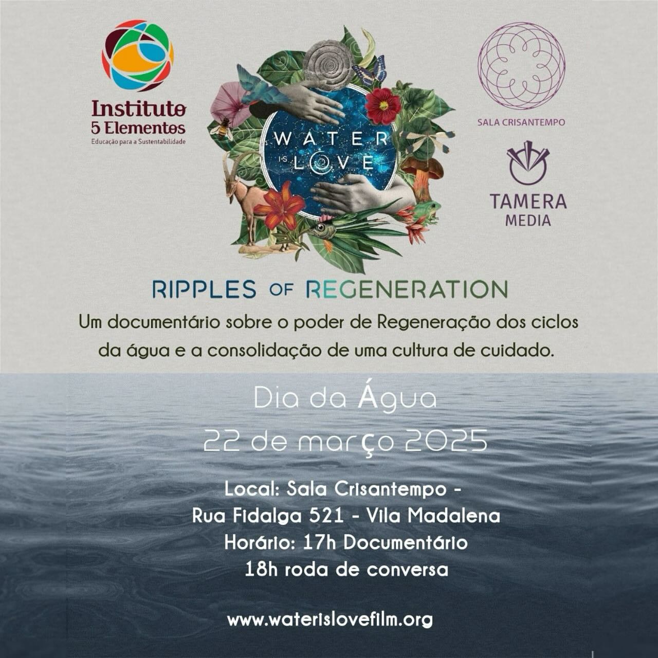 Sábado, 22 de março, Dia da Água, vai ser exibido o documentário “Water is Love: Ripples of Regeneration” na Sala Crisantempo, na Vila Madalena.
Um documentário sobre o poder de regenerar os ciclos da água e construir uma cultura do cuidar. 💧✨
Por meio de histórias inspiradoras de projetos bem-sucedidos, a ideia é estimular conversas e ações que contribuam para um mundo regenerativo e resiliente. 🌍 Como estamos enfrentando tanto os crescentes impactos devastadores da interrupção climática quanto a falha dos governos em agir, este filme aponta para uma necessidade e possibilidade frequentemente negligenciadas: a gestão descentralizada da água conduzida pela comunidade como uma chave crítica para sobreviver — e prosperar — neste século. 🌱💙
📽 Water is Love tem 62 minutos e terá seu lançamento mundial no 🗓 dia 22 de março de 2025 – DIA MUNDIAL DA ÁGUA, na Sala Crisantempo, sendo uma iniciativa do Instituto 5 Elementos.
Após a sessão, teremos Caio Ferraz e Fernanda Heinz, com mediação de Mônica Borba, conversando e refletindo sobre as mensagens desse documentário. 🎤✨
🎥 Caio Ferraz é diretor, produtor, roteirista, pesquisador e editor, sendo sua produção e pesquisa pessoal focadas na relação dos seres humanos com a natureza. Ele é produtor de Entre Rios, Pescaria de Merda, O Plantador de Quiabos, Volume-Vivo, A Água e a Metrópole, Dois Fóruns - Uma Água, Por trás da Colina Verde. 🎬🌿
📽 Fernanda Heinz Figueiredo é da natureza e biocêntrica. Documentarista e produtora cultural, codiretora do Biocêntricos e diretora do Sementes do Nosso Quintal, além de ser mãe de três filhas. 🌱💚
🌎 Mônica Pilz Borba é fundadora do Instituto 5 Elementos, educadora ambiental, mãe, avó e muito ligada na natureza. 🍃💙
🕔 Horário: 17h
📅 Data: 22/03/2025
📍 Local: R. Fidalga, 521 - Vila Madalena, São Paulo - SP, 05432-070
💡 Iniciativa: Instituto 5 Elementos – Educação para a Sustentabilidade
🌐 Site oficial: www.waterislovefilm.org
🌊 Venha se inspirar e fazer parte dessa transformação! 💙✨ @waterislove.film