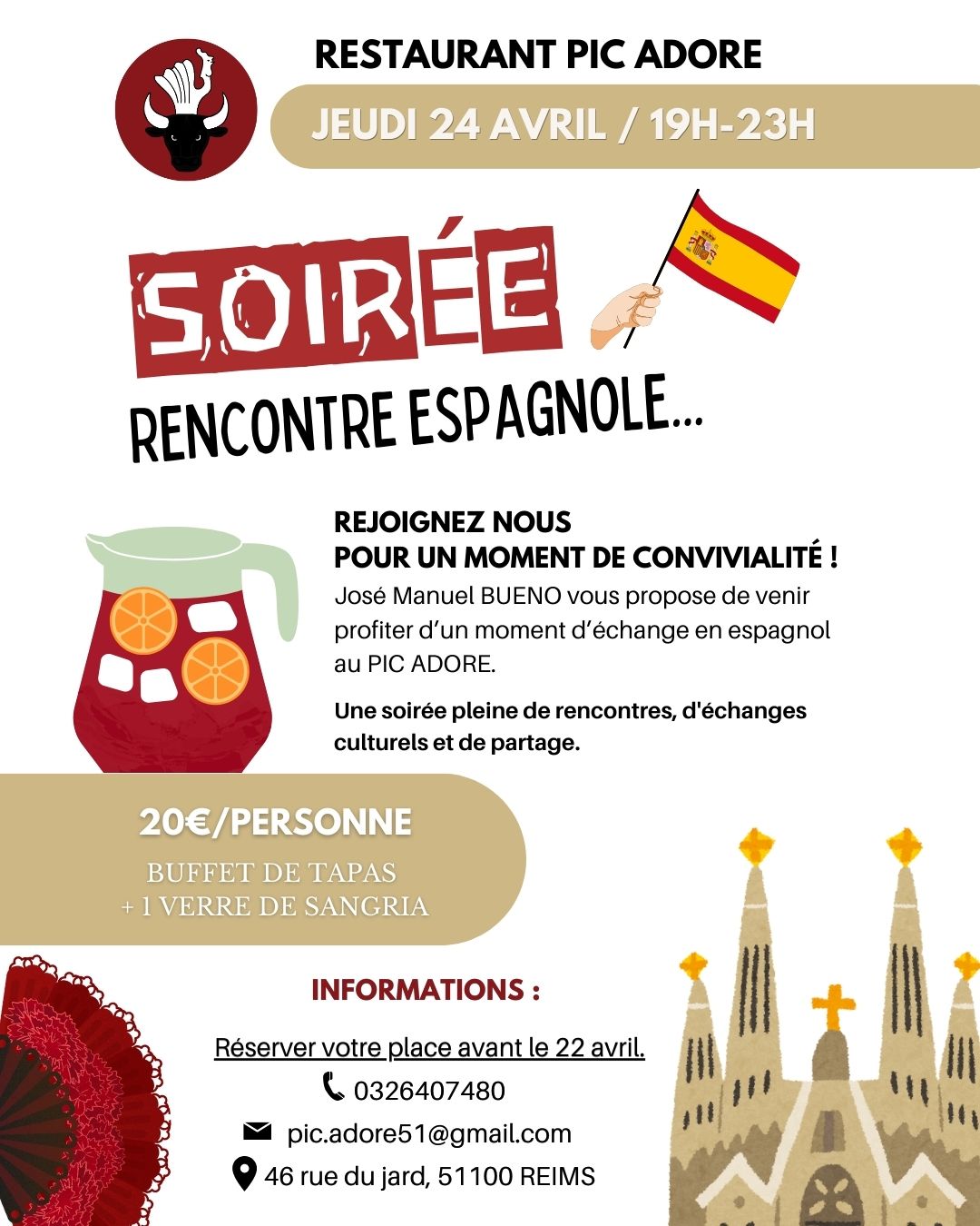 Pour la première fois, nous organisons une soirée 100% espagnole.
Une soirée où le but est que tout le monde puisse échanger en espagnol en dégustant des tapas et de la sangria, avec un fond de musique espagnole.
Un moment de dépaysement, de partage et de convivialité.
Attention, soirée limitée à 30 personnes, pensez à réserver votre place avant le 22 avril, par téléphone, par mail ou sur internet.
N'hésitez pas à nous contacter si vous avez des questions.