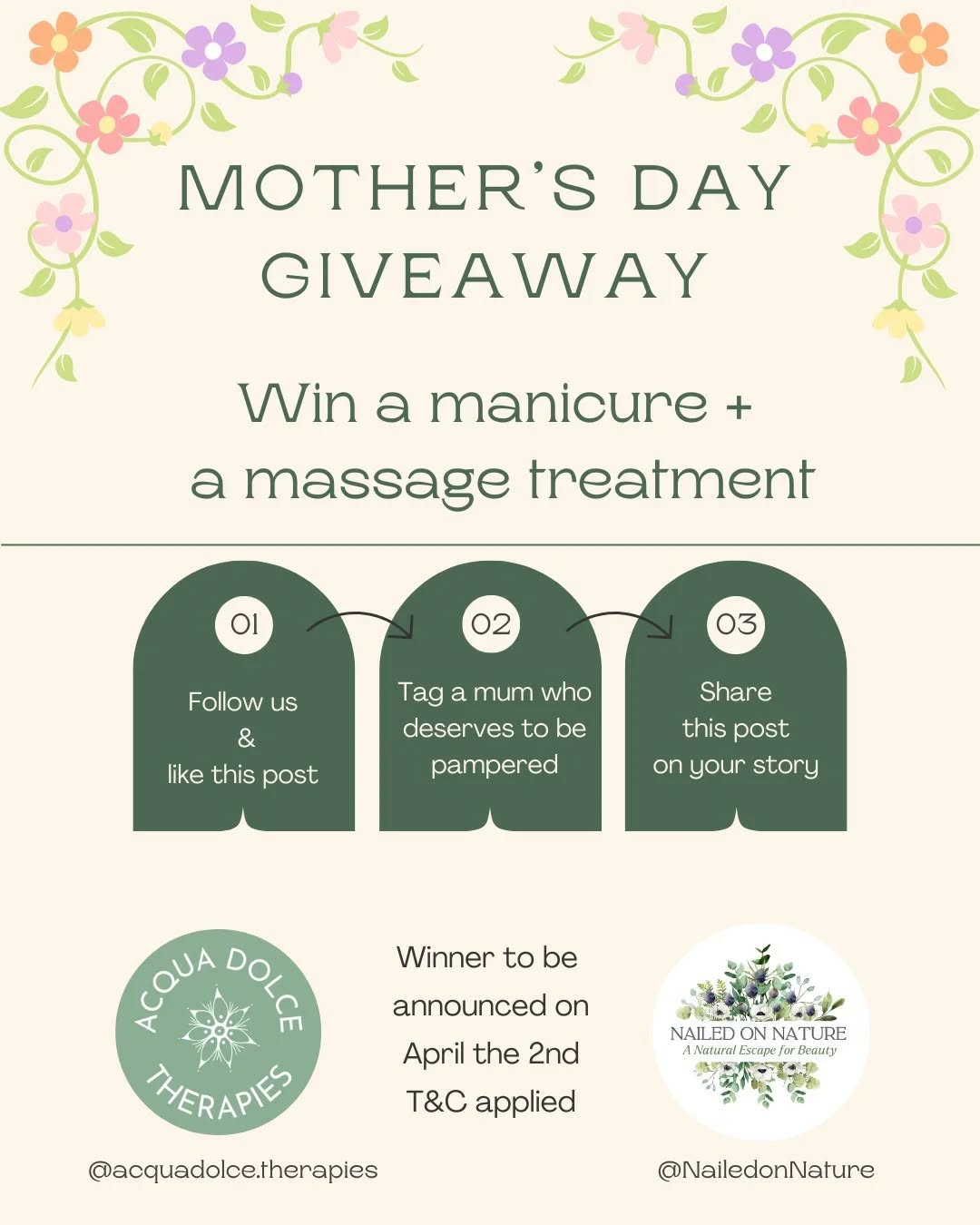 🎁 MOTHER’S DAY GIVEAWAY 🎁
Since we are now working in our lovely new studios in front of eachother 🤗 Martina and Natalie have decided to celebrate Mother’s Day by giving one lucky winner the ultimate relaxation experience!
Win a massage 💆🏻♀️ + manicure 💅 for you OR a special mother in your life.
💖 To enter:
1️⃣ Follow @acquadolce.therapies & @nailedonnature
2️⃣ Like this post ❤
3️⃣ Tag a mum who deserves to be pampered (1 tag = 1 entry!)
4️⃣ (Bonus Entry) Share this post on your story & tag us!
Winner announced on April the 2nd – Good luck! 🎉
Also, not just one amazing chance but Exclusively for our valued existing clients we have an amazing April Offer just for you!
If you book a treatment with Acqua Dolce therapies or Nailed on Nature in April you’ll receive 15% OFF services at the other business!!
It’s our way of saying thank you and helping you indulge in a little extra self-care!
📅 Offer valid through April 30th – Don’t miss out!
Looking forward to announce the winner!
Martina & Natalie