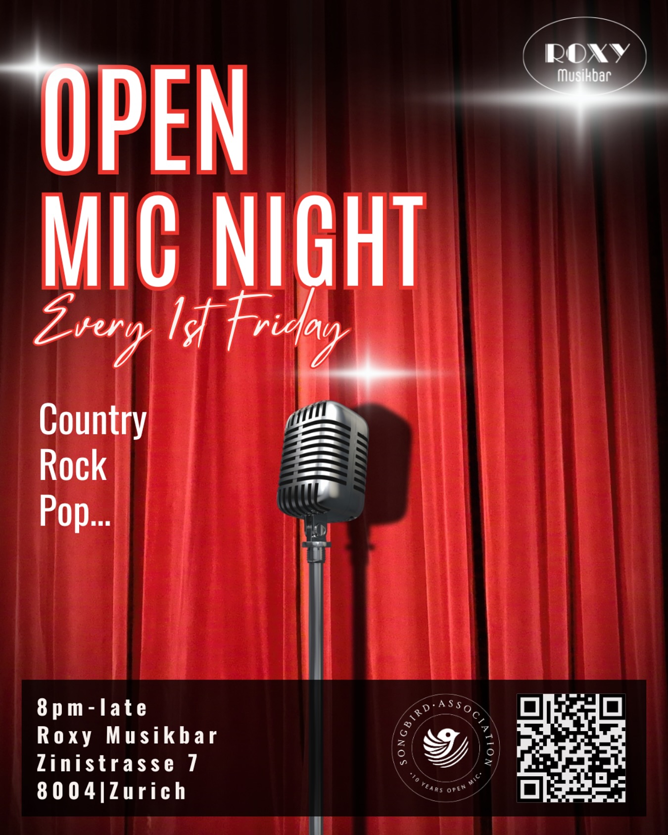 ๐๐๐๐ ๐๐๐ ๐๐๐๐๐ @ ๐๐๐๐ 
๐๐ฒ๐ฑ๐ฒ๐ป ๐ญ. ๐๐ฟ๐ฒ๐ถ๐๐ฎ๐ด ๐ถ๐บ ๐ ๐ผ๐ป๐ฎ๐!
Also Save the Date, komm vorbei und geniesse einen Abend voller Livemusik und kรผhlen Drinks am Open Mic im ROXY.๐ถ๐๏ธ๐น
๐ช๐ฎ๐ป๐ป: ๐ฎ๐ฏ ๐ฎ๐ฌ:๐ฌ๐ฌ ๐จ๐ต๐ฟ
๐๐ถ๐ป๐๐ฟ๐ถ๐๐ ๐ณ๐ฟ๐ฒ๐ถ, ๐ง๐ถ๐ฝ๐ ๐๐ถ๐น๐น๐ธ๐ผ๐บ๐บ๐ฒ๐ป 
(Die Kollekte geht zu Gunsten der Open Mic Night und wird in Equipment fรผr den Erhalt der Open Mic investiert)๐
Deine Host Jane & Marcel sowohl das Team von @roxy_musikbar freuen sich auf Deinen Besuch an der Bar oder auf der Bรผhne!๐ป ๐ถ
 
#roxymusikbar #livemusik #zรผrich #meetup #drinks #langstrasse #musikbar #openmicnight #music #singer #songwriter #bands #liveact #fridaynight