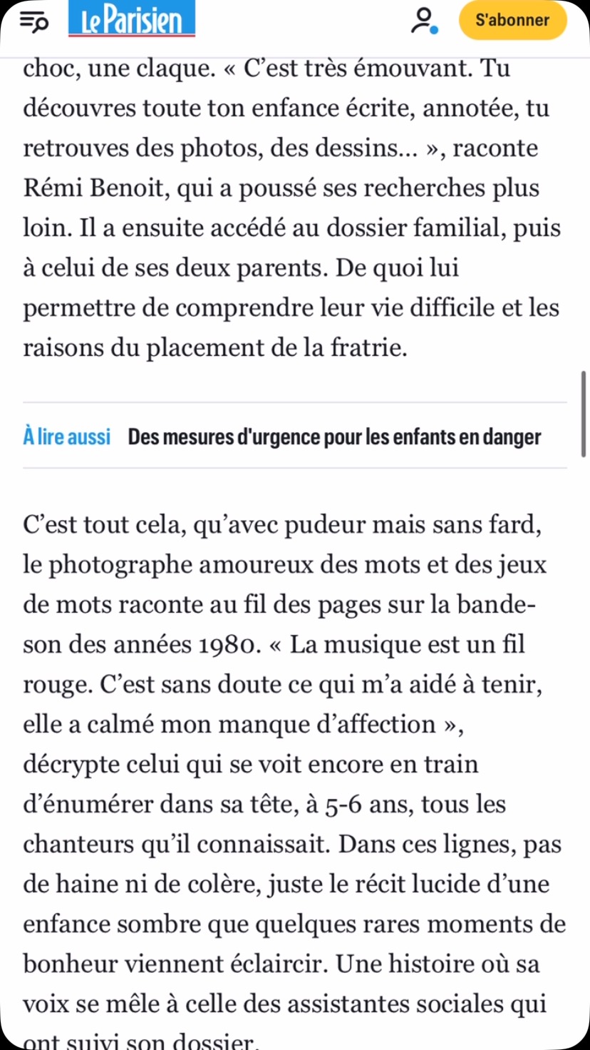 Le Parisien publie aujourd’hui l’interview de Rémi Benoit dans laquelle il livre avec pudeur (et humour !) son parcours d’enfant placé, aux résonances particulièrement fortes aujourd’hui.
Pour lire le livre auquel j’ai participé, c’est ici : www.alorsheureux.fr
#toulouse #ase #enfantsplacés #occitanie
@perie_paul @rmixer