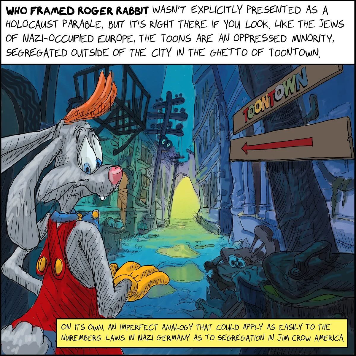 Panels 11-16 of my new comic for @hyperallergic. Here I continue exploring Who Framed Roger Rabbit as a Holocaust parable. From the Toons’ segregation in the ghetto of Toontown, to Judge Doom’s “Final Solution” of Toon-killing Dip, to the Jewish coding of Roger (including Paul Reuben’s’ contribution to the role), it was always just under the surface. Follow me deeper down the rabbit hole 🕳️ 🐇
Link in bio!
#whoframedrogerrabbit #holocaustparable #comics #hyperallergic #neveragainwillivisitauschwitz