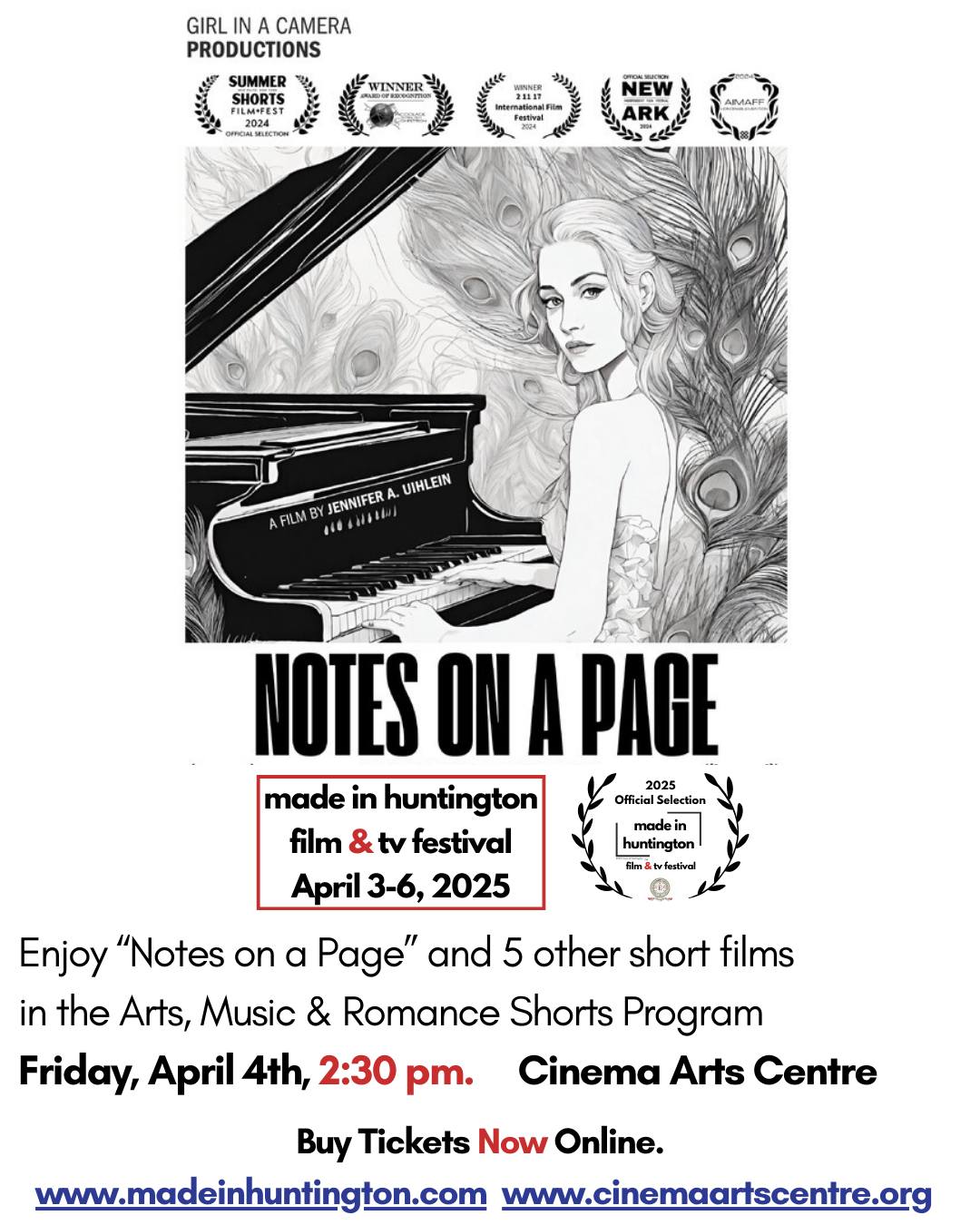 Enjoy “Notes on a Page” and 5 other short films in the Arts, Music & Romance Shorts Program as a part of the Made in Huntington Film & TV Festival!
When: Friday, April 4th, 2:30 pm.
Where: Cinema Arts Centre
Buy Tickets Now Online.
www.madeinhuntington.com
or www.cinemaartscentre.org
Filmmaker: Jennifer A. Uihlein
Synopsis: A middle-aged mother navigates life’s challenges, coming to a powerful realization: the noise that told her she wasn't good enough was wrong, fueling her through an exercise in finding her voice - a testament to the resilience of the human spirit and the importance of self-belief.
#notesonapage #madeinhuntington #arts #filmfestival #huntington #film #cinema