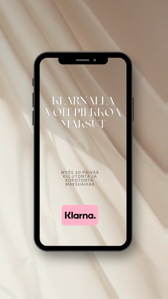 Tavallisten maksutapojen lisäksi asiakkailla on käytössä Klarna maksuvaihtoehto.
Klarnalla voit pilkkoa summan pienempiin osiin. Klarna laskulla saa 30 päivää kulutonta ja korotonta maksuaikaa.