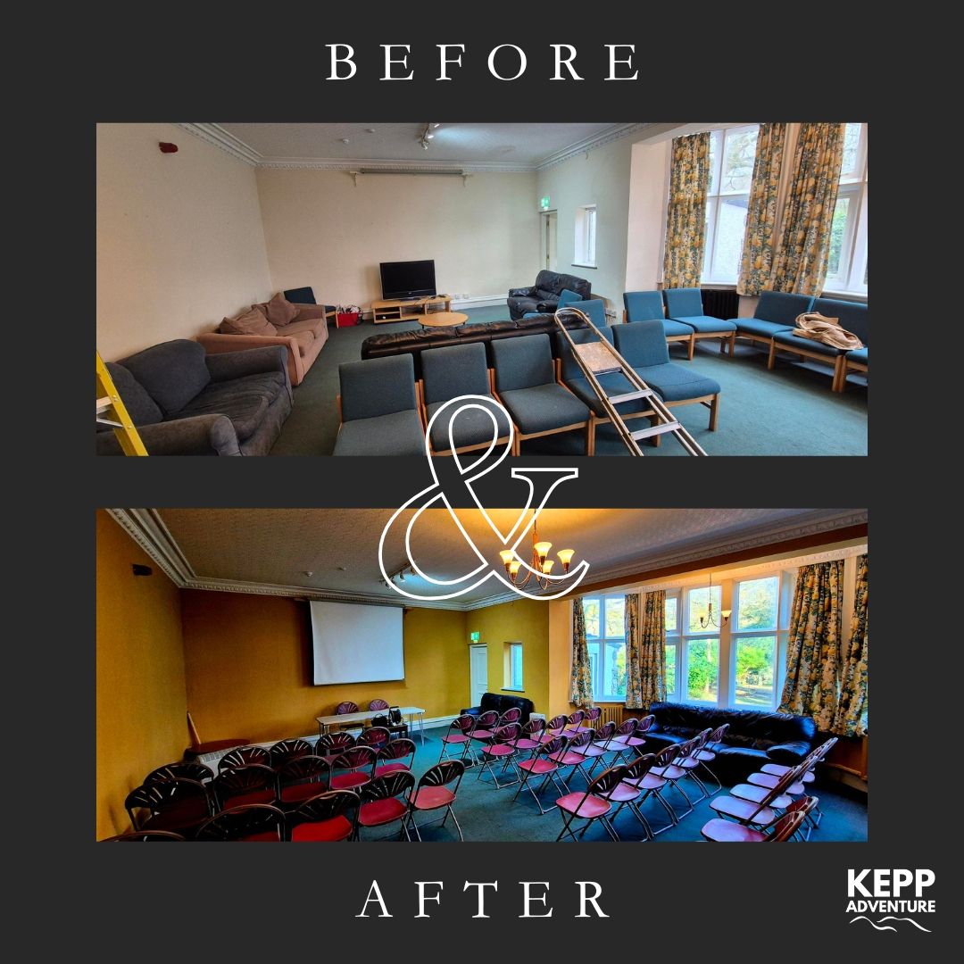 Kepplewray's main lounge has changed and is now warmer and more welcoming. In the after picture it is set up theatre style for Duddon and Furness Mountain Rescue to hold their AGM but it was soon returned to it's more usual comfortable state for the residential guests arriving the next day.