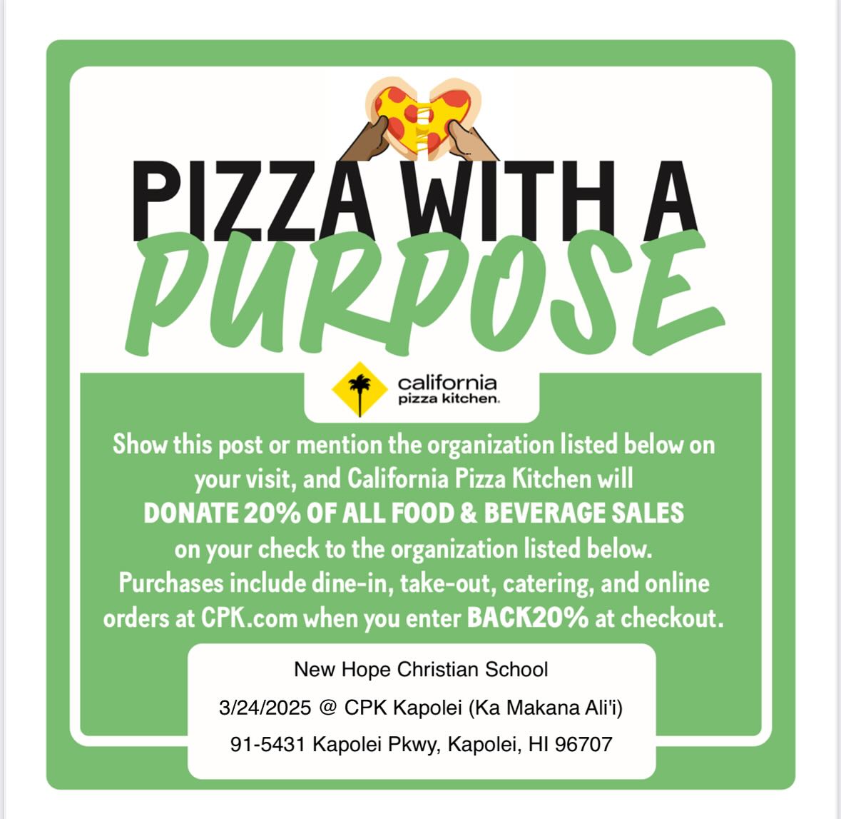 Come support NHCS by dining at CPK Kapolei on March 24!