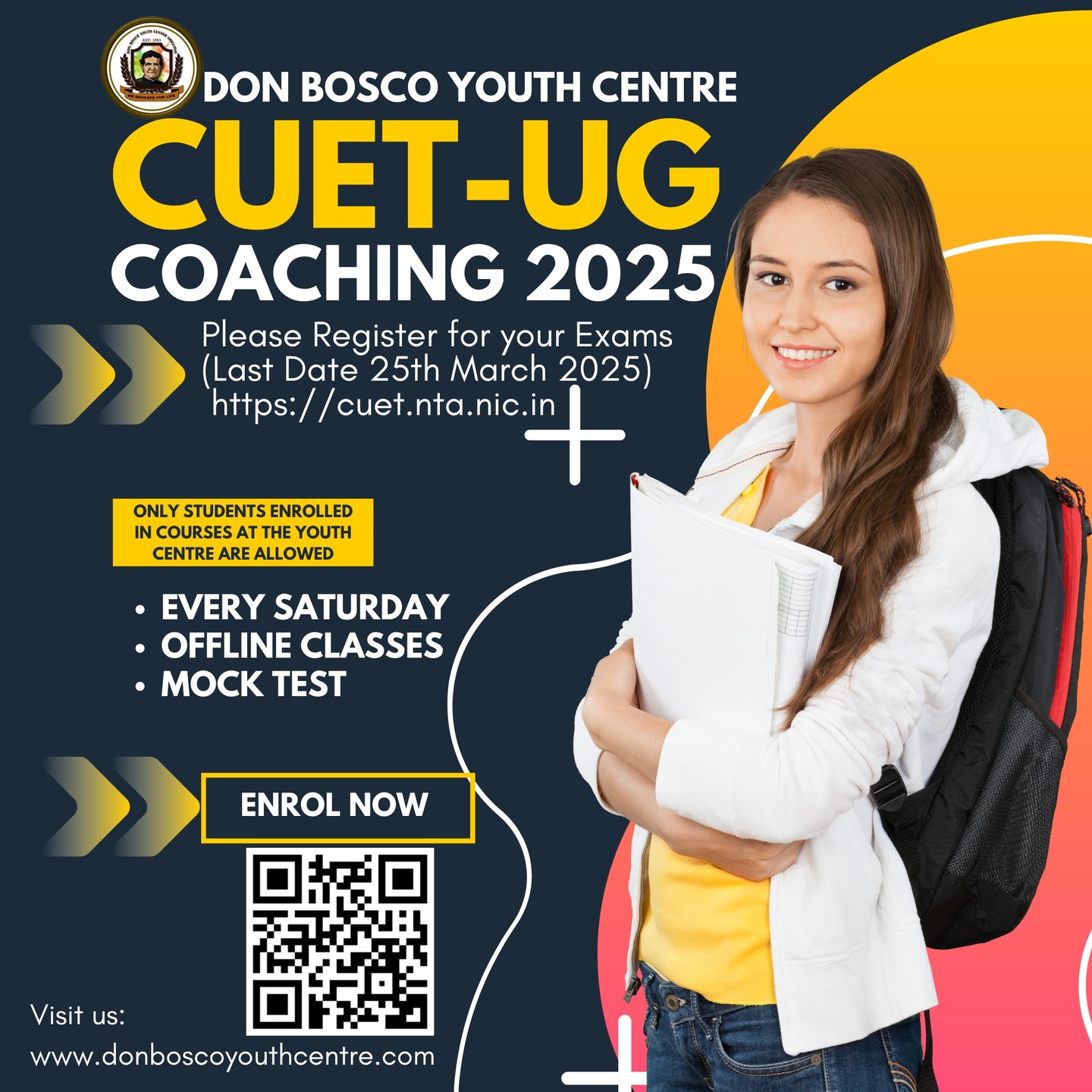 Dear Students, specially those who have just completed your Cl.XII Exams, please register your CUET Exams, then enroll for the Coaching. Scan the QR code for Coaching enrollment. Regards