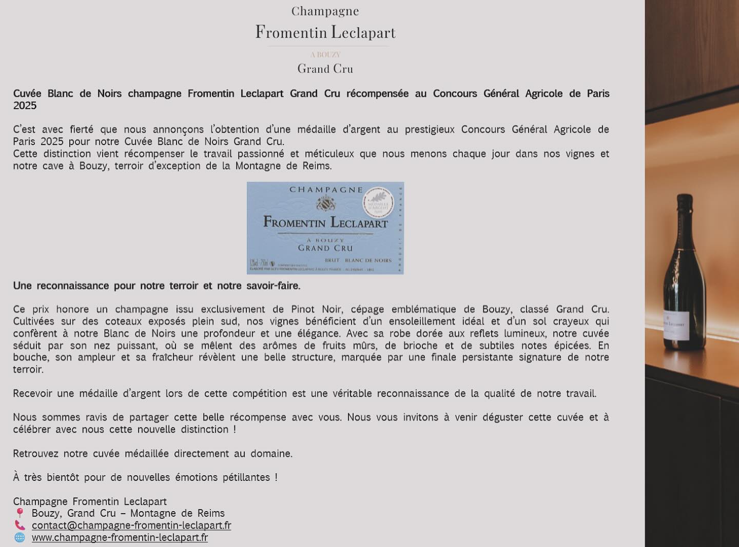 UNE MÉDAILLE POUR LE CHAMPAGNE BLANC DE NOIRS FROMENTIN LECLAPART 100% PINOT NOIRS AU CONCOURS AGRICOLE DE PARIS 2025 #champagnefromentinleclapart #champagne #grand cru #concoursagricole