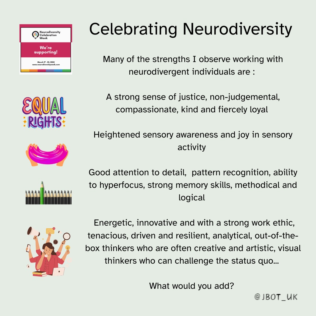As Neurodiversity Celebration Week comes to a close, I have been reflecting on the many strengths I observe working with neurodivergent individuals.
What would you add?
#Autism #ADHD #AuDHD #Dyspraxia #Neurodivergent #StrengthsBased #NeurodivergentFemaleTherapist #CelebratingAllNeurotypes #PositiveTraits
#NeurodiversityCelebrationWeek