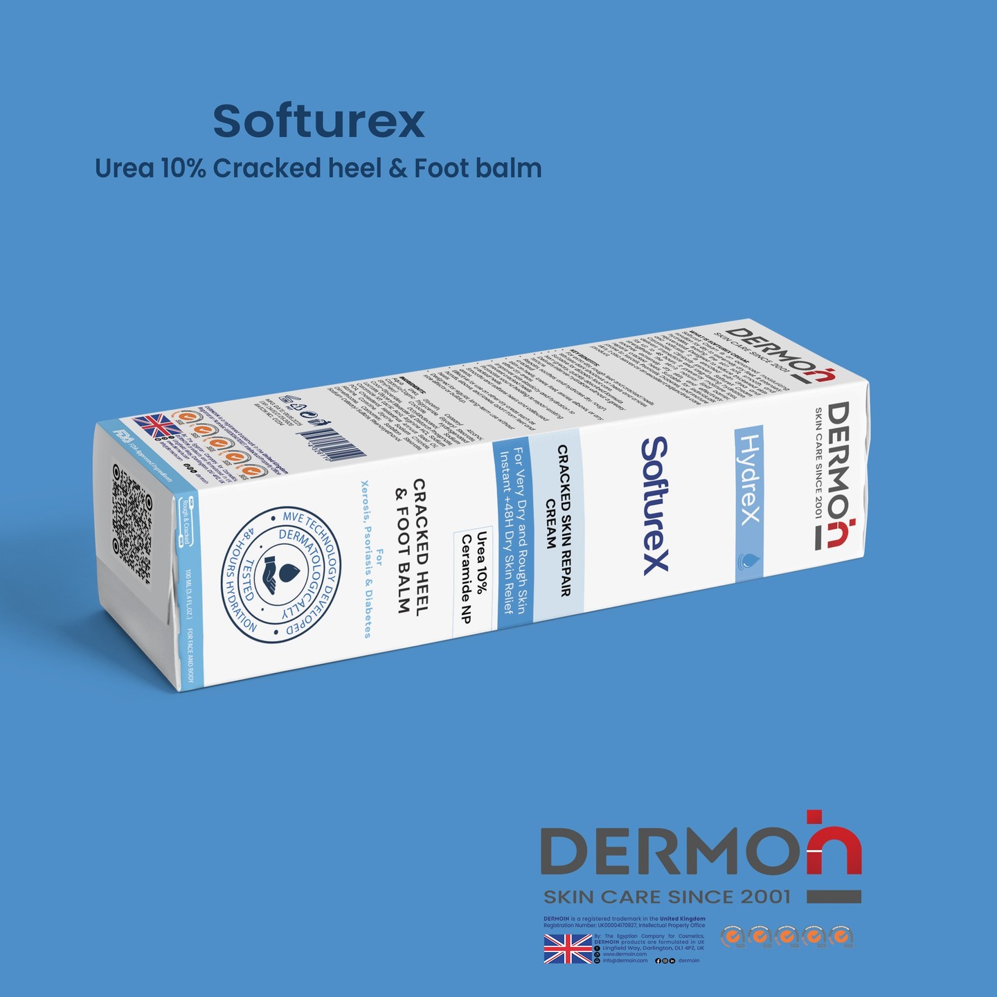 SoftureX Cream is an advanced moisturizing solution for dry to extremely dry feet. It intensely hydrates, leaving the skin soft, smooth, and rejuvenated. Designed to reduce thickened skin and calluses, it is enriched with Urea and Ceramides. Clinically proven, SoftureX Cream delivers immediate and long-lasting hydration for up to 48 hours. It prevents moisture loss, strengthens the skin's natural lipid barrier, soothes extremely dry skin, and effectively repairs cracked heels. Suitable for individuals prone to Xerosis, Psoriasis, Diabetes, and mature skin, it also serves as an excellent adjunctive care product.
————
#DERMOiN #SULSAL #SULSAL_CLEANSING_GEL #sulsal_soap #NROMSI #NORMSI_CLEANSING_GEL #DRYSEN_CLEANSING_GEL #HYDRA20 #HYDRA20_CREAM #HYDRA20_SYNDET_BAR #HYDRA20_SOAP
#Demoin #hydrex #softurex #urea #cracked_heel #foot_balm