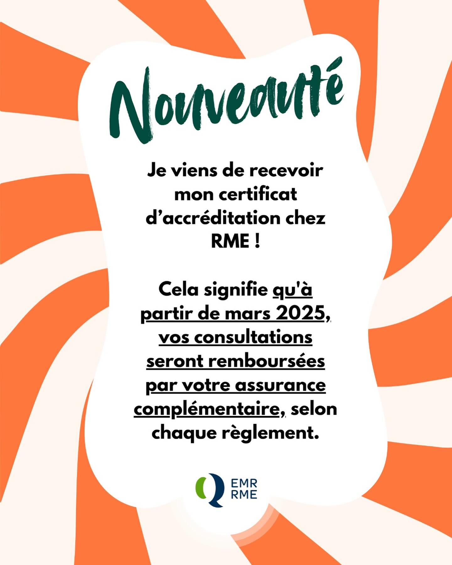 Et de retour avec une bonne nouvelle ! ✨ À partir de maintenant, mes consultations sont reconnues par le RME, ce qui signifie qu’elles peuvent être remboursées par votre assurance complémentaire. 🎉🌿 N’hésite pas à te renseigner directement auprès de ton assurance pour en savoir plus sur les conditions.
💛
Pour réserver ta séance, il suffit de cliquer sur le lien en bio 📅