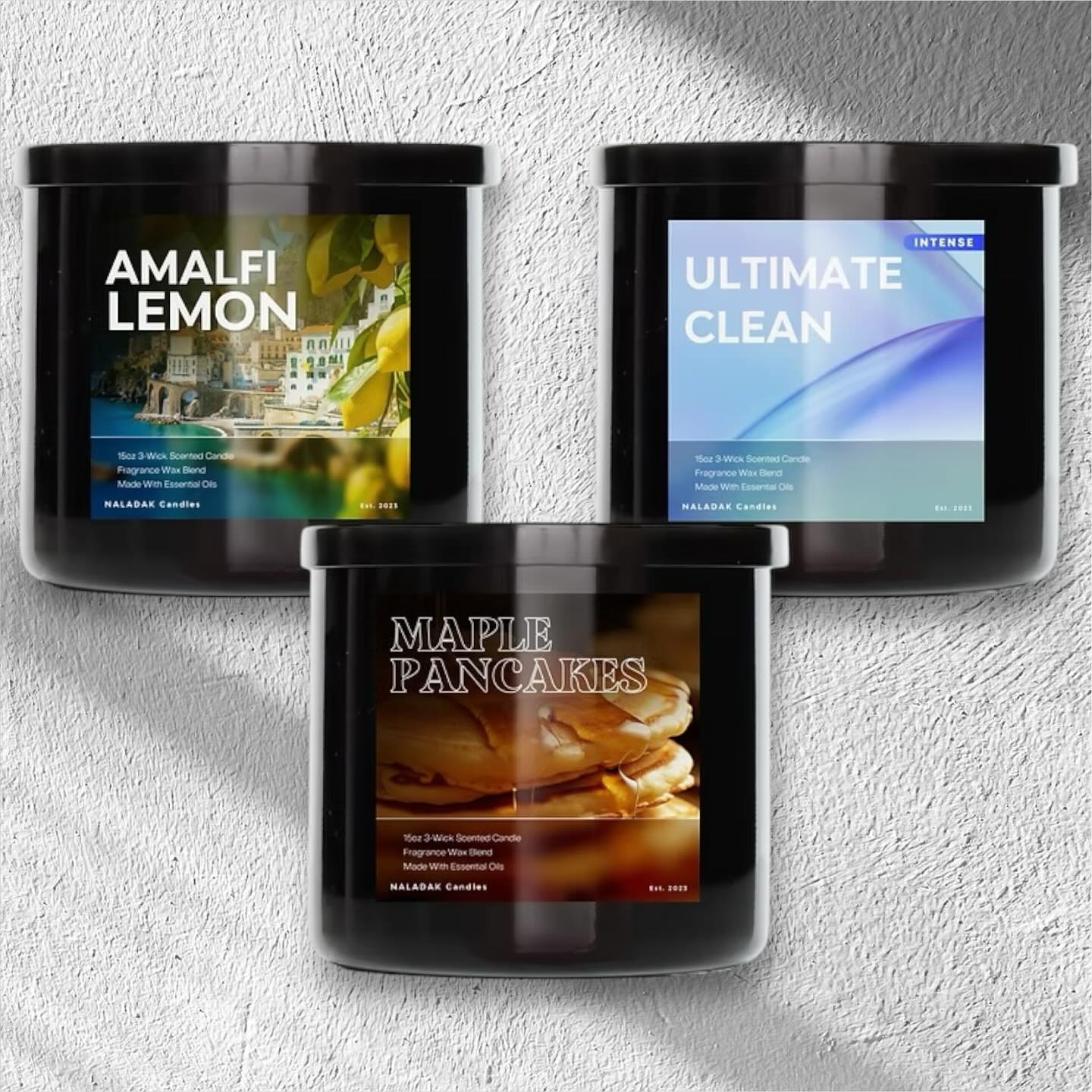 Light up your space with our new 3-wick candles! Indulge in the sweet aroma of Maple Pancakes 🥞, refresh your senses with Amalfi Lemon 🍋, and enjoy the crisp freshness of Ultimate Clean 🧼 #candles #candlelovers