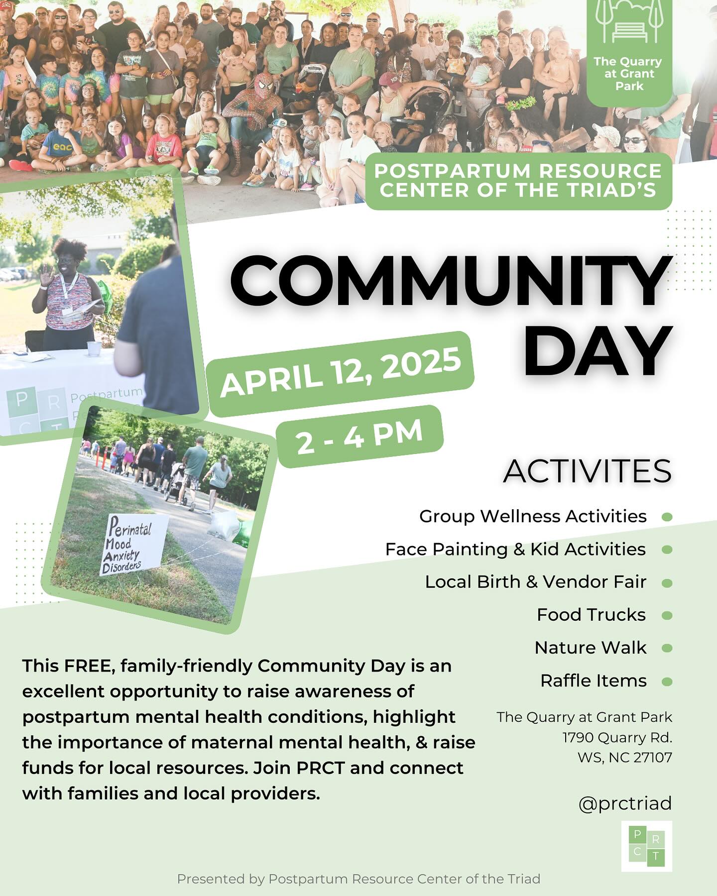 PRCT’s Community Day 2025 ✨
✨ Group wellness activities
✨ Kid activities
✨ Face painting
✨ Given coffee
✨ Kona ice
✨ Raffle items
✨ & so much more!
Join PRCT for this free, family-friendly event to raise awareness around postpartum mental health conditions, highlight the importance of maternal mental health, & raise funds for local resources & programming.
Vendor & Sponsorship Opportunities still available!