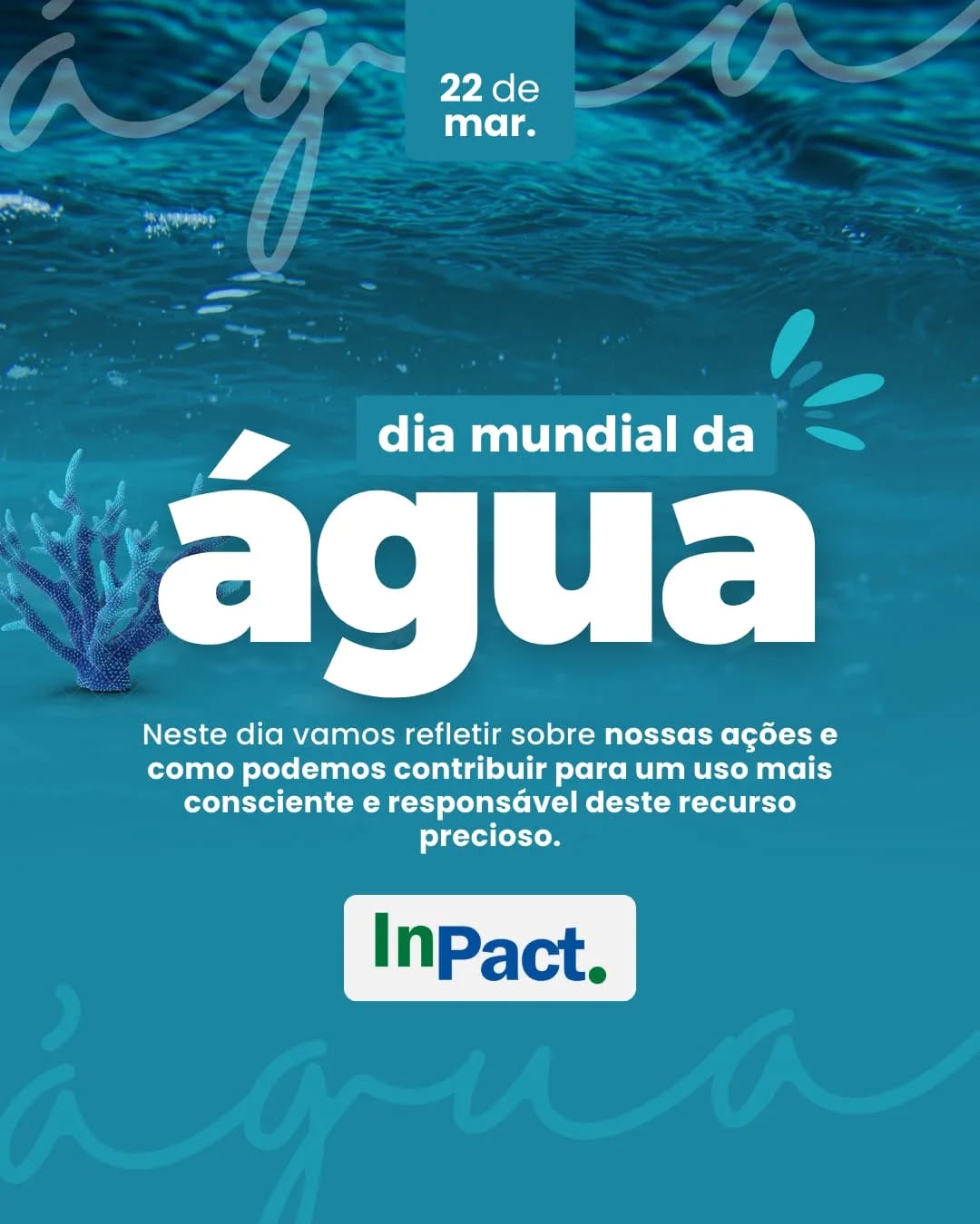 *Dia Mundial da Água: Celebrando a vida e a ação*
Hoje, 22 de março, celebramos o Dia Mundial da Água, um momento para refletir sobre a importância deste recurso vital para a vida na Terra. A água é essencial para o nosso bem-estar, para a produção de alimentos, para a geração de energia e para a manutenção da biodiversidade.
No entanto, a água também é um recurso cada vez mais escasso e ameaçado. A mudança climática, a poluição, a sobre-exploração e a falta de gestão adequada estão colocando em risco a disponibilidade e a qualidade da água em todo o mundo.
Neste Dia Mundial da Água, queremos celebrar a vida e as ações da InPact e de todas as organizações e indivíduos que trabalham para proteger e preservar a água. Juntos, podemos fazer a diferença e garantir que a água continue a ser um recurso vital e acessível para todas as gerações.
Ações que você pode fazer para ajudar:
- Aprenda mais sobre a importância da água e como você pode ajudar a protegê-la.
- Faça escolhas sustentáveis em sua vida diária, como economizar água e reduzir o uso de produtos químicos.
- Compartilhe informações e conscientize os outros sobre a importância da água e a necessidade de protegê-la.
Juntos, podemos fazer a diferença!