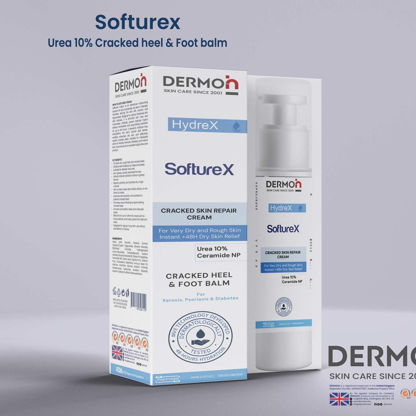 SoftureX Cream is an advanced moisturizing solution for dry to extremely dry feet. It intensely hydrates, leaving the skin soft, smooth, and rejuvenated. Designed to reduce thickened skin and calluses, it is enriched with Urea and Ceramides. Clinically proven, SoftureX Cream delivers immediate and long-lasting hydration for up to 48 hours. It prevents moisture loss, strengthens the skin's natural lipid barrier, soothes extremely dry skin, and effectively repairs cracked heels. Suitable for individuals prone to Xerosis, Psoriasis, Diabetes, and mature skin, it also serves as an excellent adjunctive care product.
————
#DERMOiN #SULSAL #SULSAL_CLEANSING_GEL #sulsal_soap #NROMSI #NORMSI_CLEANSING_GEL #DRYSEN_CLEANSING_GEL #HYDRA20 #HYDRA20_CREAM #HYDRA20_SYNDET_BAR #HYDRA20_SOAP
#Demoin #hydrex #softurex #urea #cracked_heel #foot_balm