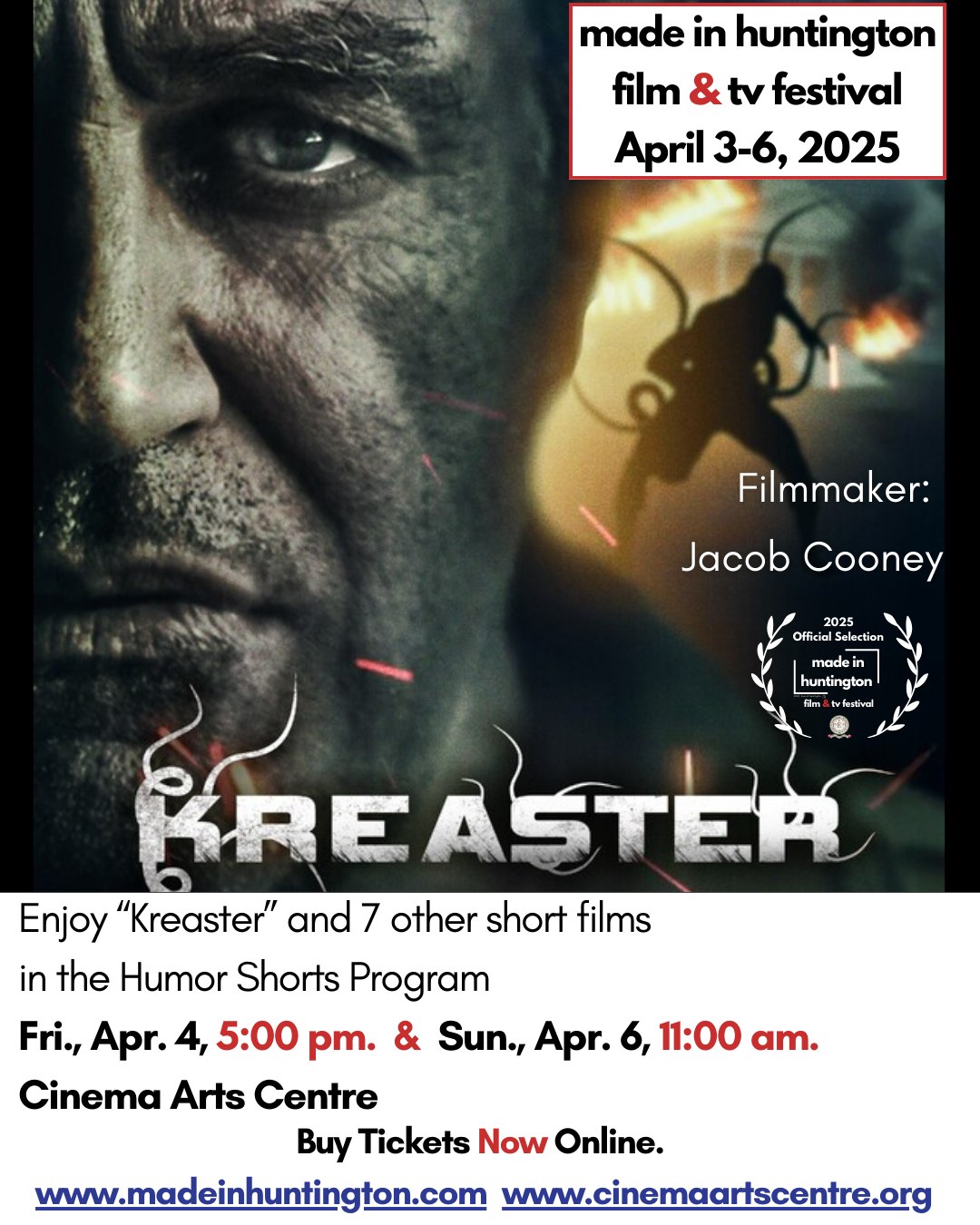 Enjoy “Kreaster” and 7 other short films in the Humor Shorts Program as a part of the Made in Huntington Film & TV Festival.
When: Fri., Apr. 4, 5:00 pm. & Sun., Apr. 6, 11:00 am.
Where: Cinema Arts Centre, 423 Park Avenue, Huntington NY, 11743
Filmmaker: Jacob Cooney
Buy Tickets Now Online.
www.madeinhuntington.com
or www.cinemaartscentre.org
Synopsis: After an unknown entity causes the entire population of a small town to disappear, a military officer and civilian scientist are tasked to interview the town's lone survivor.
#madeinhuntington #huntington #kreaster #filmfestival #festival #film #cinema #arts