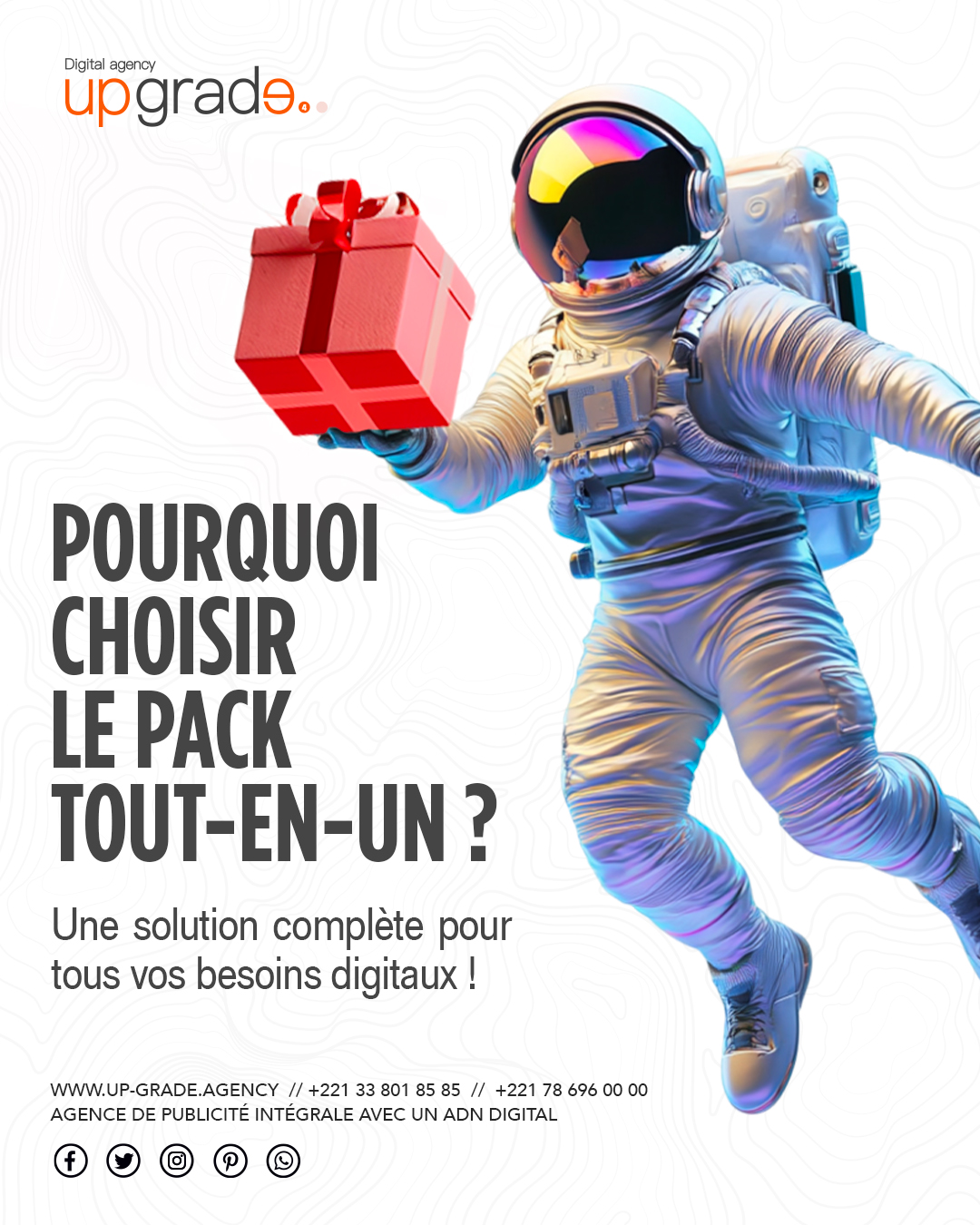 Notre Pack Tout-en-Un regroupe toutes les solutions nécessaires pour maximiser votre impact digital. De la création de contenu à la gestion des réseaux sociaux, nous assurons une cohérence et une stratégie efficace. Adoptez la simplicité avec Upgrade Agency !
#PackToutEnUn #MarketingDigital #SolutionsComplet #UpgradeAgency
