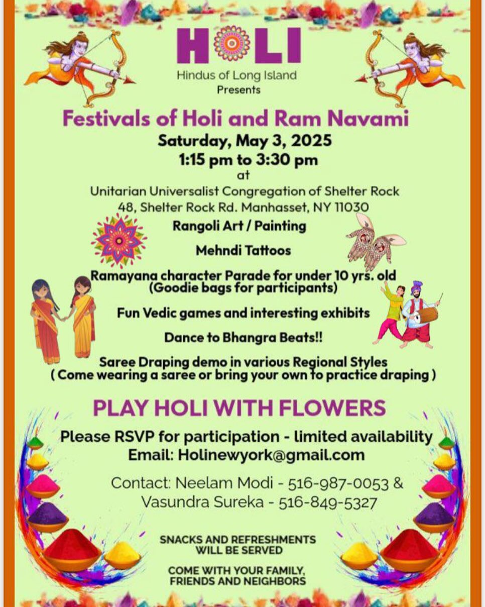 Festival of HOLI and Ram Navami in Long Island - May 3rd 2025 at Unitarian Universalist Congregation of Shelter Rock Temple- #HOLIEVENT #holinewyork #hindusoflongisland #latergram