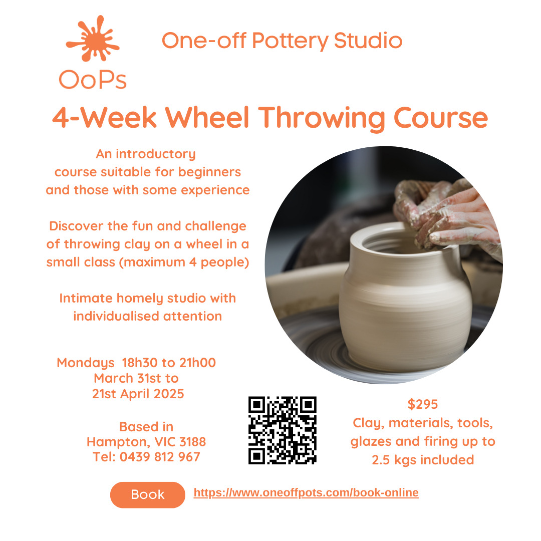 4 week wheel-throwing course starting on 31st March 2025. Only four wheels - so you will get highly personal and individual attention. Booking link is in my bio. #wheelthrowingclass #hamptonvic #hamptonvictoria #learnwheelthrowing #baysidemelbourne #sandringhambeach #brightonvictoria