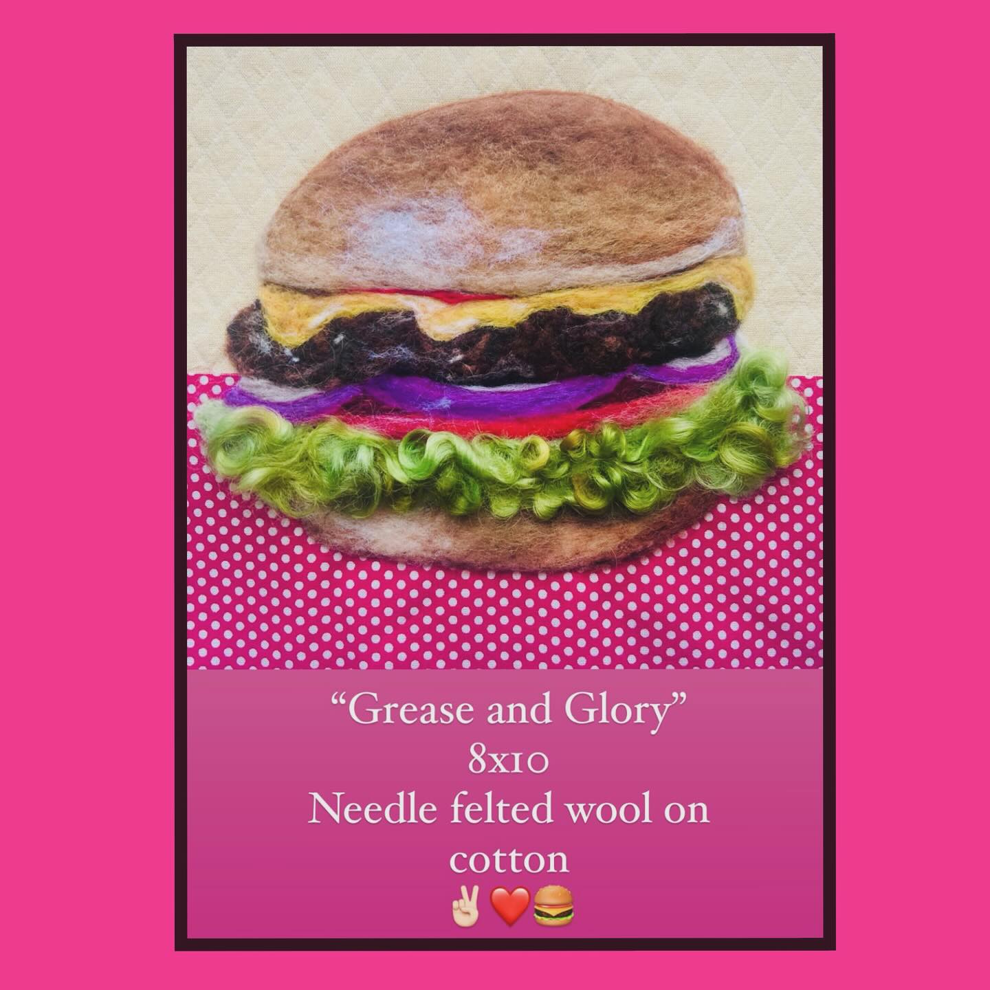 @jrlcavaliere has created this mouth-watering burger for us all to enjoy! She needle felted wool on cotton, using luscious locks for lettuce. Scrumptious!