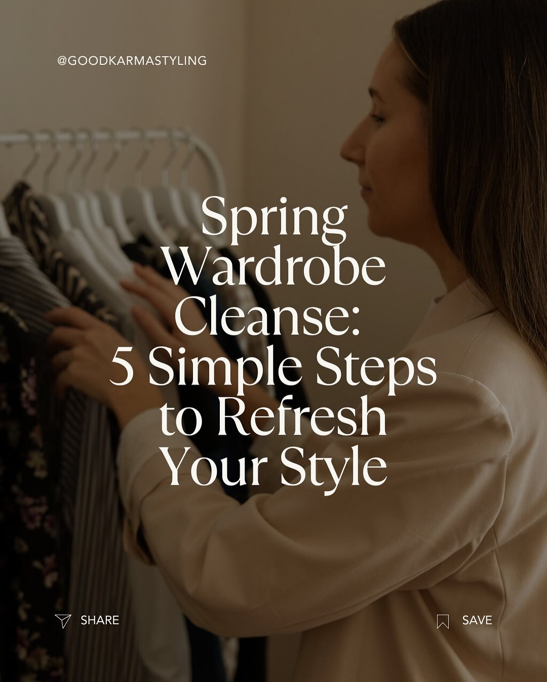 Spring is here! 🌿 Time to refresh, reset, and reimagine your wardrobe.
A seasonal cleanse isn’t just about decluttering, it’s about making space for pieces you love and actually wear. Follow these simple steps to:
- Organise & assess what you own
- Let go of what no longer serves you
- Store winter clothing properly
- Welcome back your spring staples
Need help curating a wardrobe that truly reflects your style? Let’s work together! Book a styling session with Good Karma Styling today.
DM me to chat or head to my website to book!