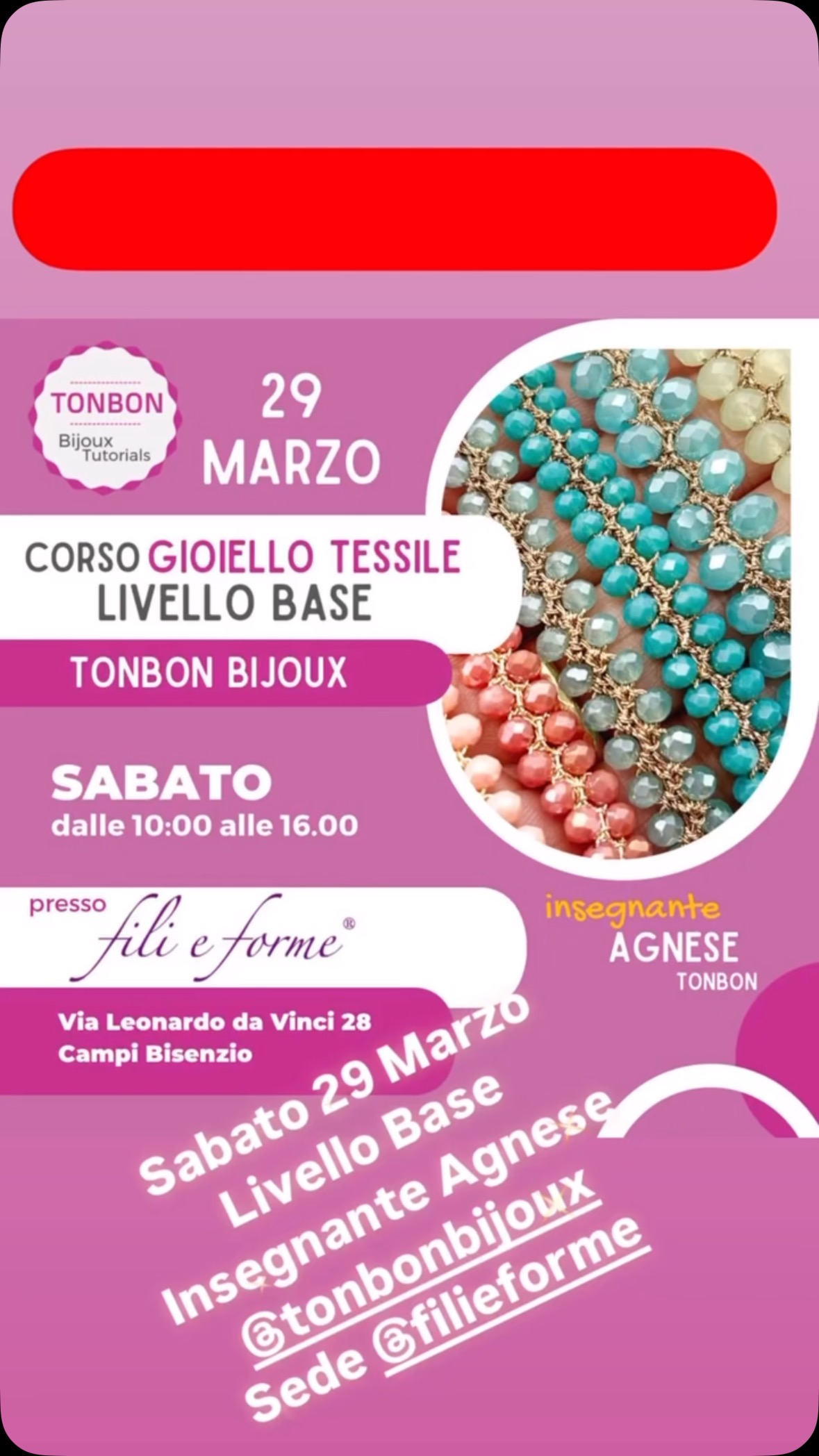 Sabato 29 Marzo
Corso base di gioiello tessile!! ❣️ la sede di svolgimento sarà quella di @filieforme Realizzeremo insieme una bellissima collana.
Chi desidera partecipare mi invii un messaggio privato. 😘😘