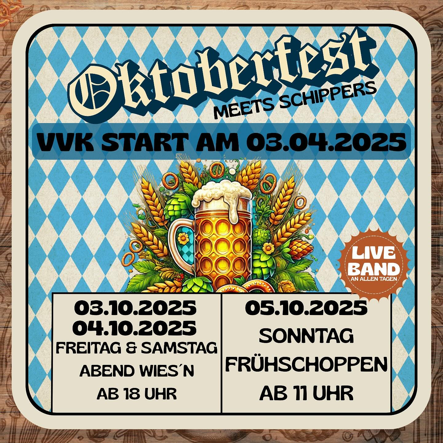 🎉 OKTOBERFEST MEETS SPARGELHOF SCHIPPERS 🎉
O’zapft is! 🍺🥨
Der Spargelhof Schippers wird zum Wiesn-Hotspot!
Freut euch auf drei Tage voller Stimmung, Musik, Bier & bayerischer Spezialitäten – mitten am Niederrhein.
Sichert euch eure Tickets wenn es heißt: Dirndl an, Lederhos’n raus – und auf zum Feiern!
📅 Termine:
🔹 Freitag, 03.10.2025 – Abend-Wies’n ab 18 Uhr
🔹 Samstag, 04.10.2025 – Abend-Wies’n ab 18 Uhr
🔹 Sonntag, 05.10.2025 – Frühschoppen ab 11 Uhr
🎶 Live-Bands an allen 3 Tagen – echte Wiesn-Atmosphäre garantiert!
🍽️ Reichhaltiges Wies’n-Buffet – im Ticketpreis bereits enthalten!
📢 Vorverkaufsstart:
Donnerstag, 03.04.2025 ab 11:00 Uhr
Also – Kalender zücken, Tickets sichern und gemeinsam anstoßen:
Oktoberfest-Feeling am Niederrhein – bei Schippers wird’s zünftig!
🎟️ Sichert euch eure Tickets rechtzeitig – die Plätze sind heiß begehrt!
!TICKETS NUR ONLINE ERHÄLTLICH!