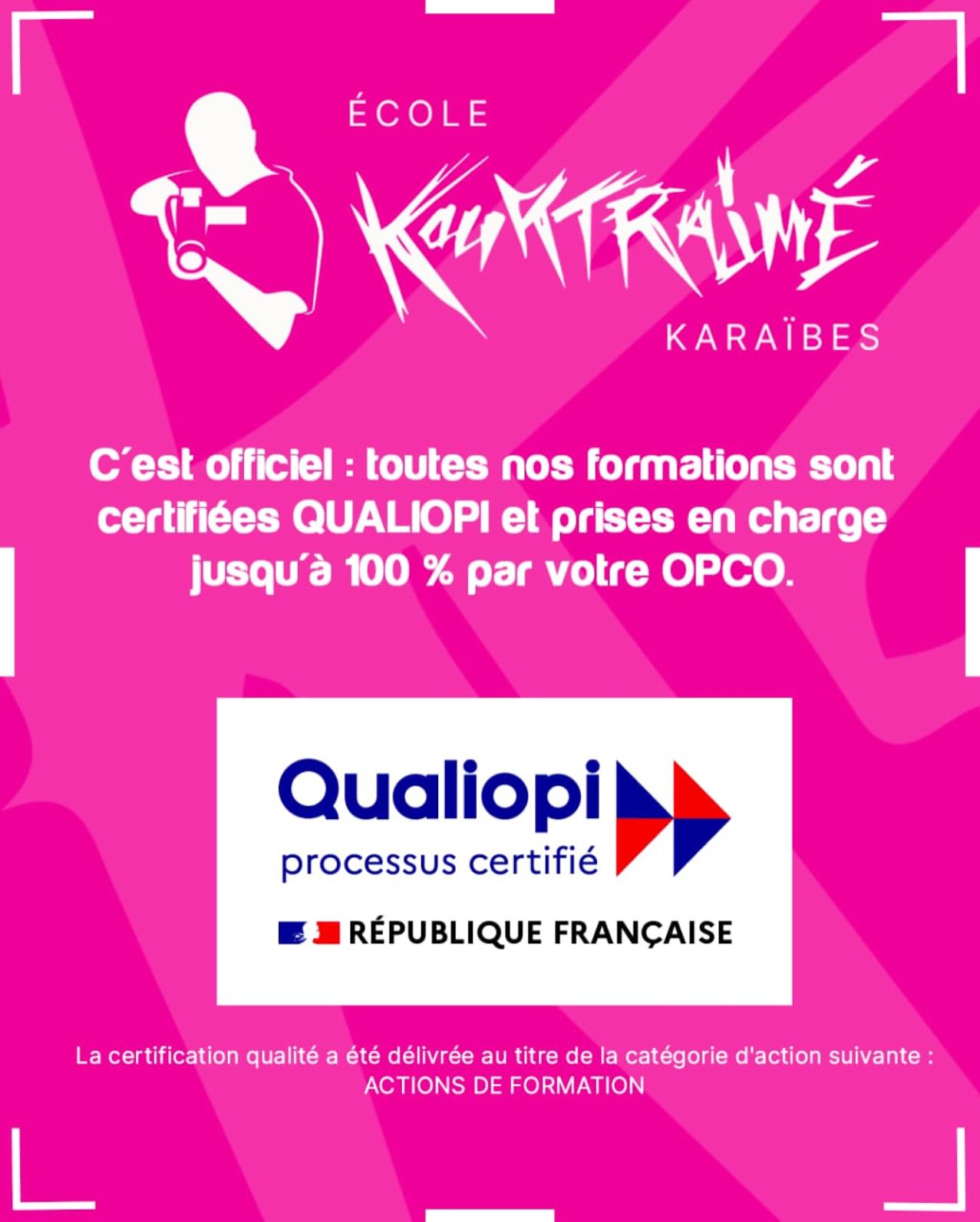 🎬✨ Grande nouvelle pour l’école Kourtrajmé Karaïbes ! ✨🎬
Nous sommes désormais certifiés QUALIOPI et notre formation est prise en charge à 100% par votre OPCO ! 🚀🔥 Cela signifie encore plus d’opportunités pour nos futurs talents du cinéma en Guadeloupe et dans la Caraïbes !
Tu rêves de raconter des histoires, de réaliser des films ou de te lancer dans l’industrie du cinéma ?
Rejoins-nous et fais partie de la nouvelle génération de créateurs Kourtrajmé ! 💯
#KourtrajméKaraïbes #Cinéma #100% #Qualiopi #Guadeloupe #opco