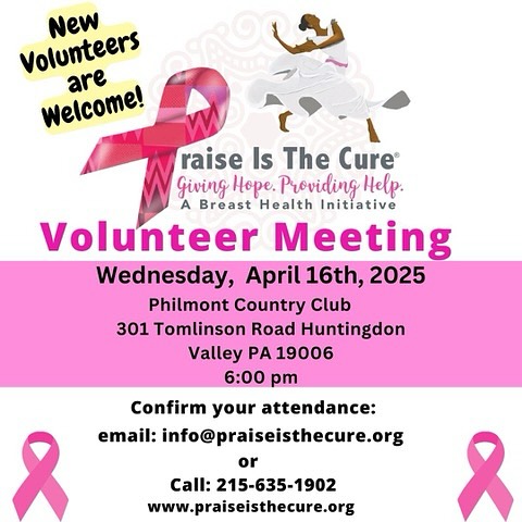 Join Us for the Praise Is The Cure April Volunteer Meeting!
Are you ready to make a difference? Join us to learn how you can help support our mission to uplift, educate, and serve those impacted by breast cancer. Whether you’re a returning volunteer or new to the team, we need YOU!
✨ Why Attend? ✨
💕Make an Impact: Be apart of a community that provides vital resources, education, and support to those in need.
💕Connect & Network: Meet like-minded individuals who are passionate about giving back and making a difference in underserved areas.
💕Grow & Learn: Gain valuable skills and experiences that can benefit both your personal and professional life.
Tag a friend and spread the word! We can’t wait to see you there! 💕 #PraiseIsTheCure #VolunteerWithPurpose #MakeADifference