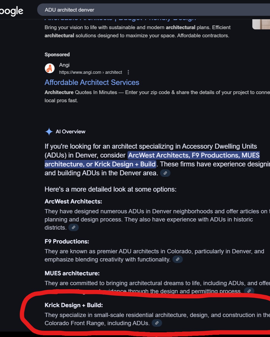 I'm glad to see we are one of the top 4 architects for ADUs in Colorado. However, I don't know how I feel about AI knowing all about us.
